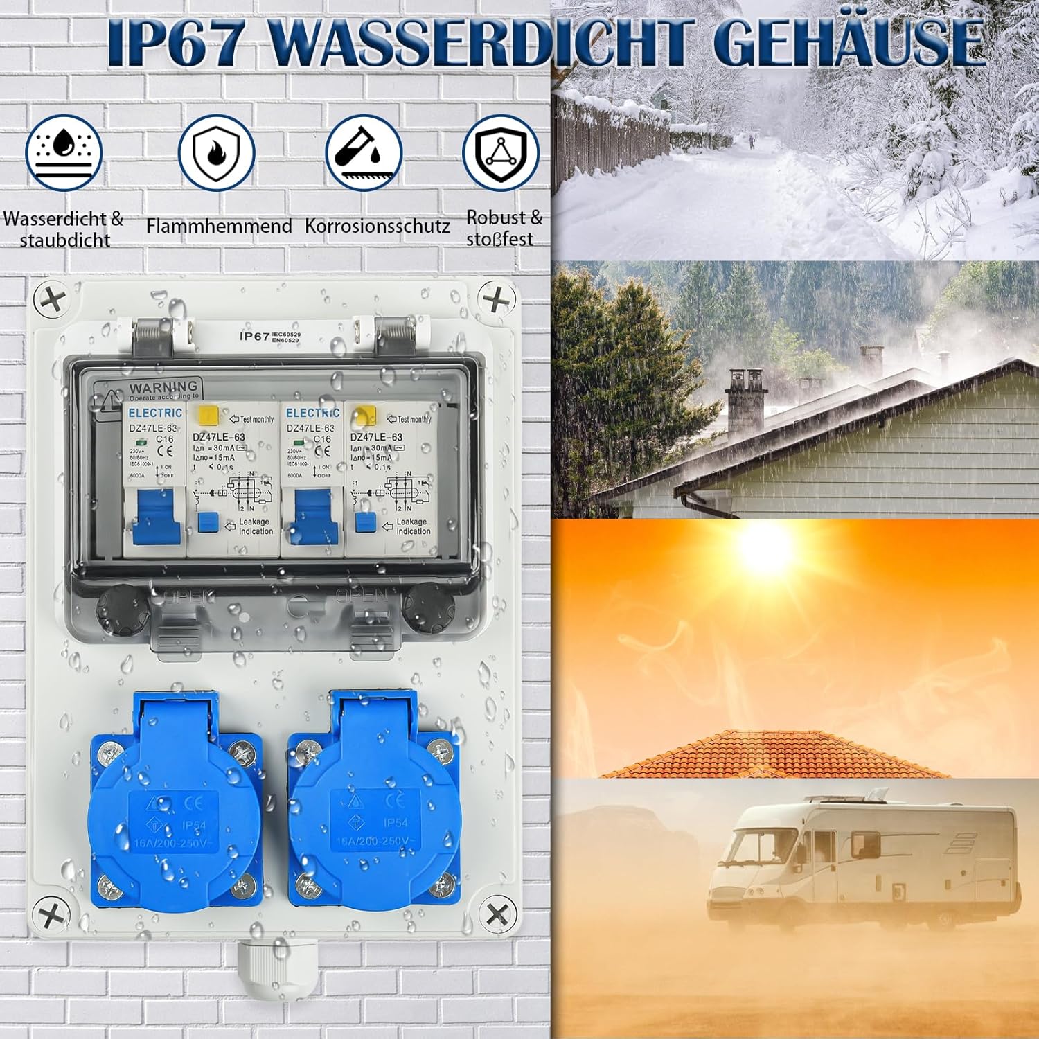 Baustromverteiler Vorverkabelt Stromverteiler, 2x 230V Schuko Steckdosen, Wandverteiler mit 2x FI-Schalter 16A, IP67 Wasserdicht Gehäuse für Innen und Außen