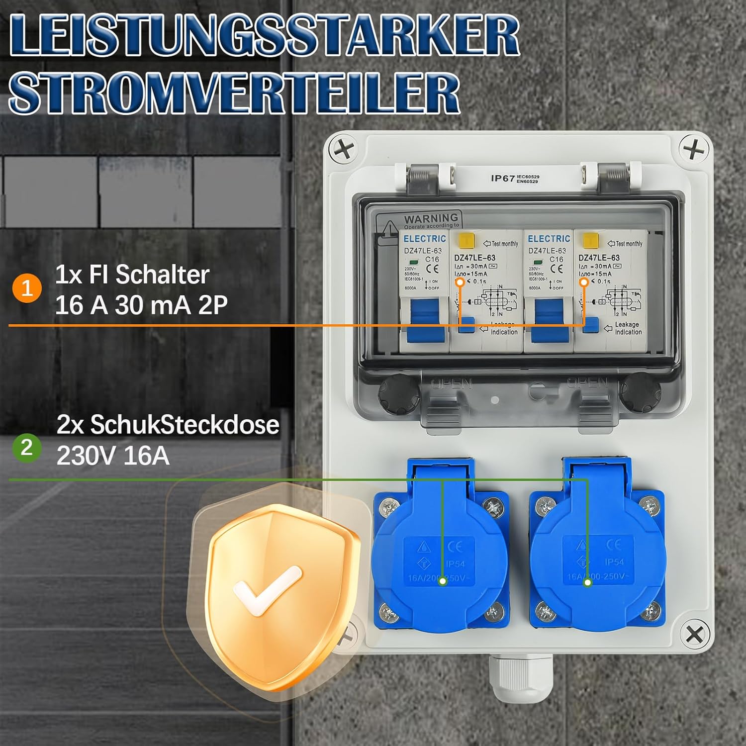 Baustromverteiler Vorverkabelt Stromverteiler, 2x 230V Schuko Steckdosen, Wandverteiler mit 2x FI-Schalter 16A, IP67 Wasserdicht Gehäuse für Innen und Außen