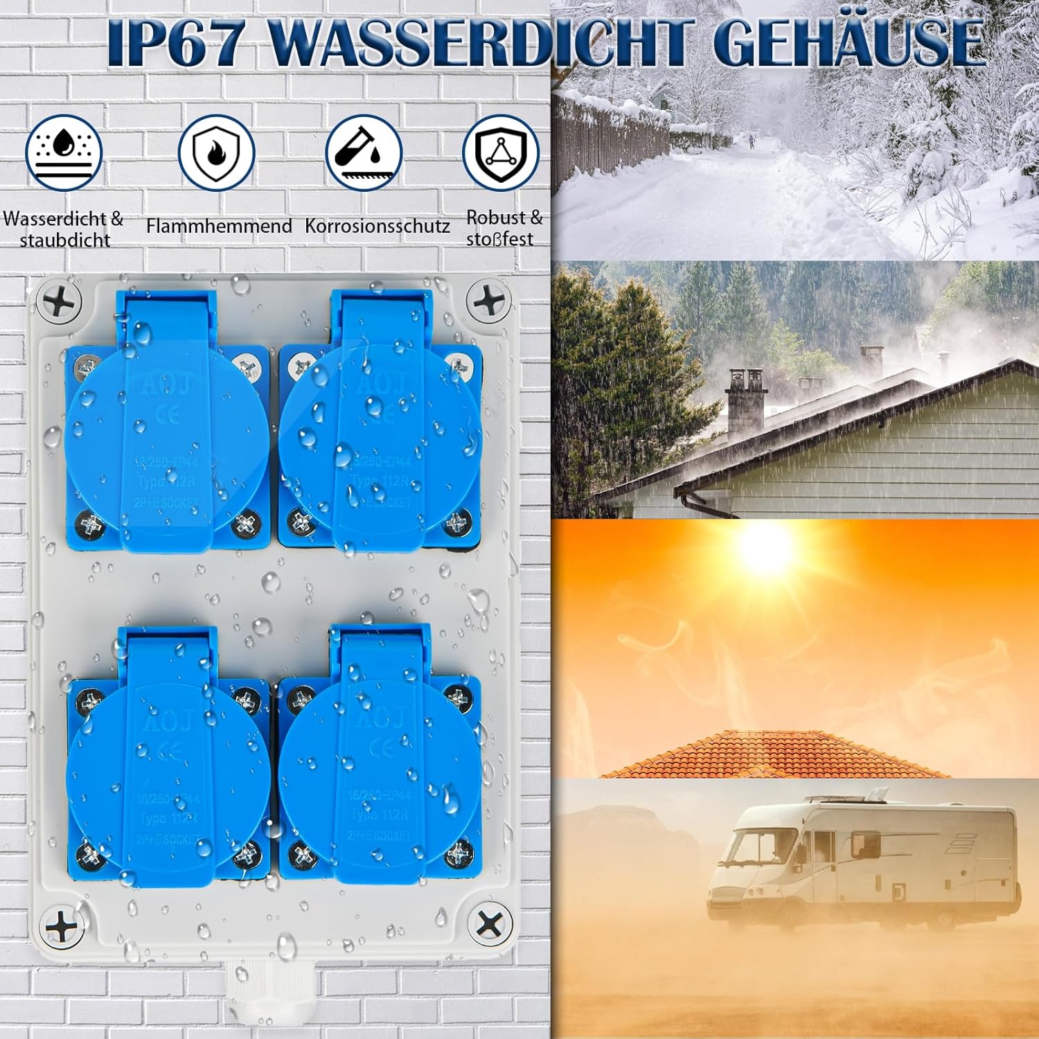 Wandverteiler Baustromverteiler Vorverkabelt Stromverteiler, mit 4x 16A 230V Schuko Steckdosen, IP67 Wasserdicht Gehäuse für Innen und Außen