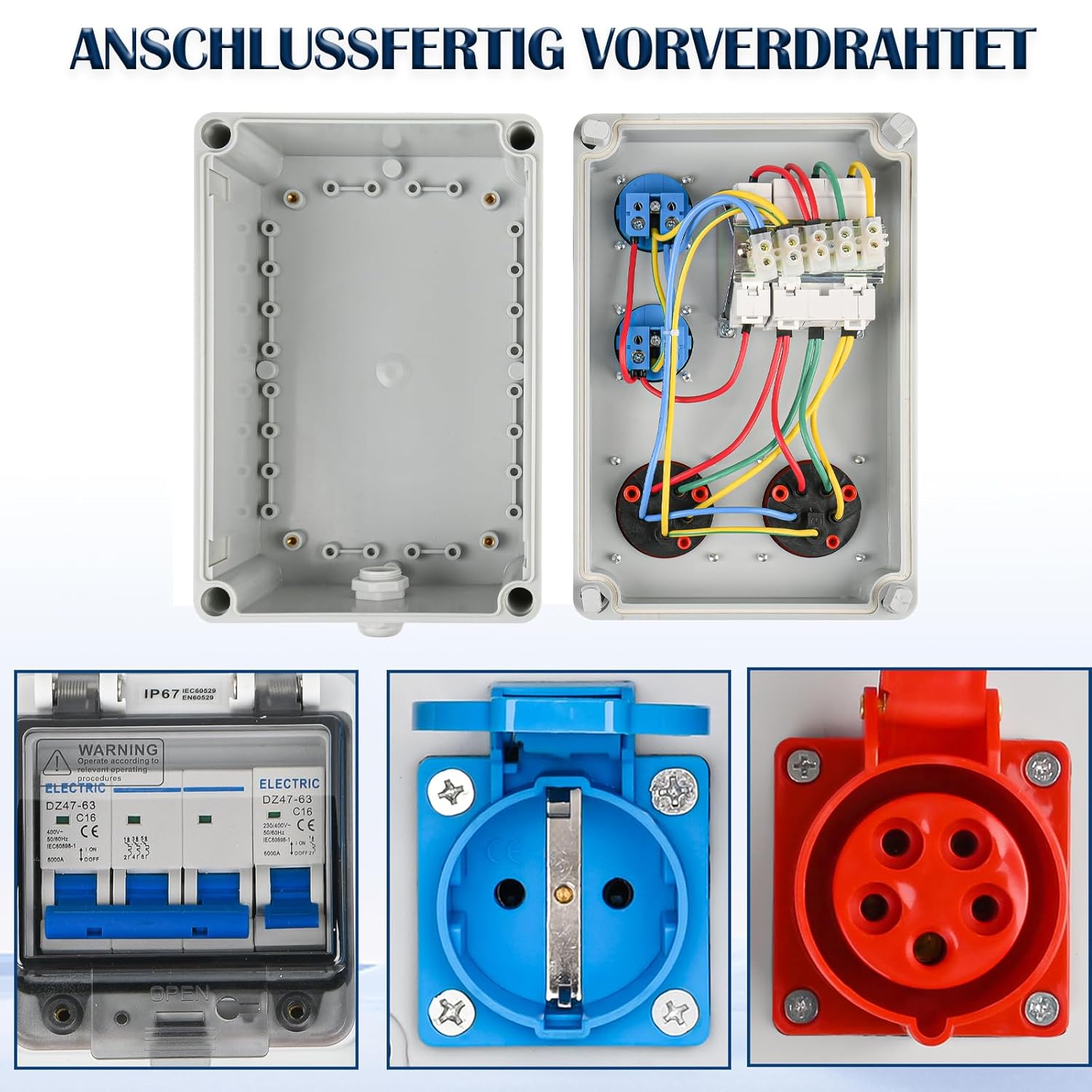 Wandverteiler Vorverkabelt Stromverteiler, 2x 230V Schuko Steckdosen + 2x CEE 16A 380V, Baustromverteiler mit Leitungsschutzschalter, IP67 Wasserdicht Gehäuse für Innen und Außen