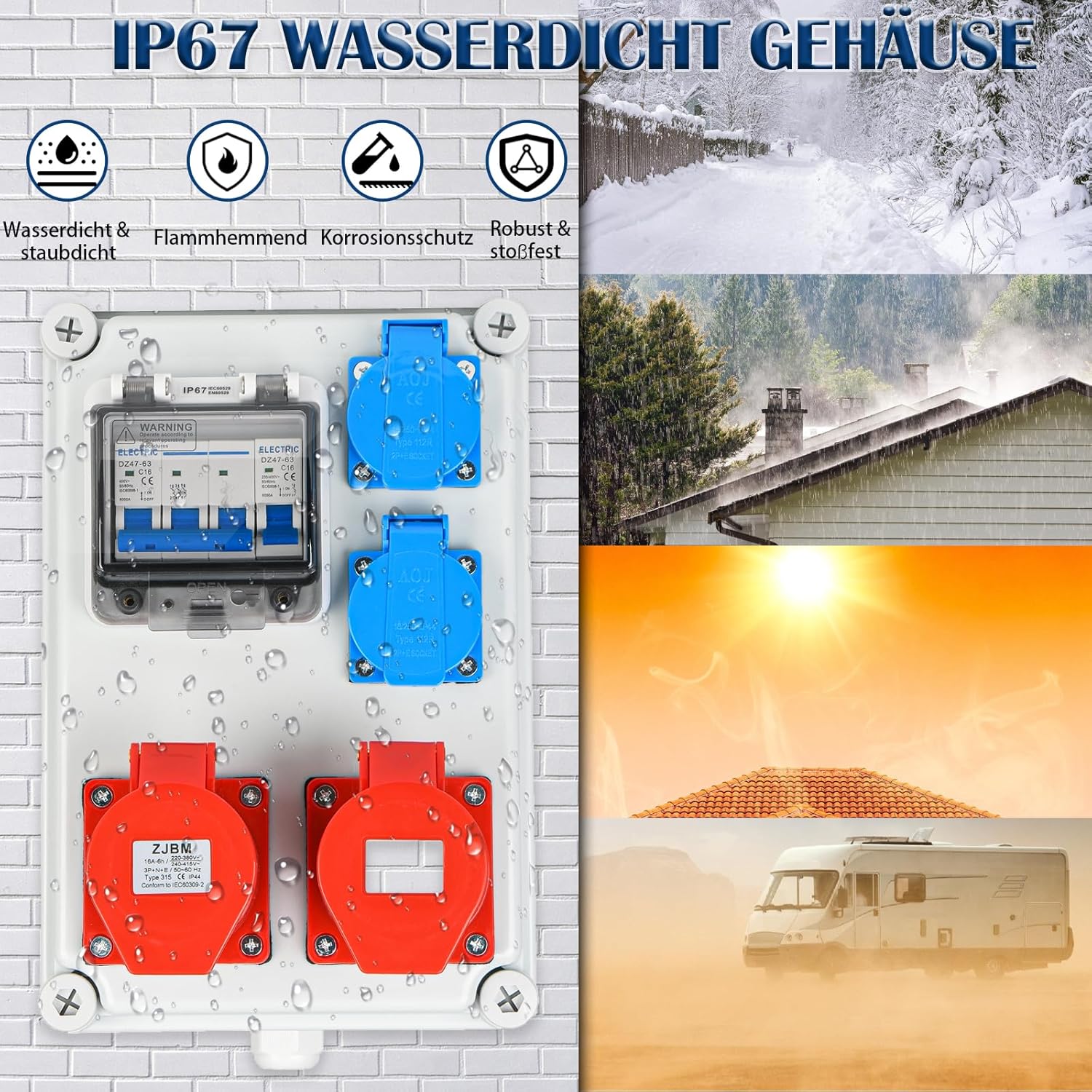 Wandverteiler Vorverkabelt Stromverteiler, 2x 230V Schuko Steckdosen + 2x CEE 16A 380V, Baustromverteiler mit Leitungsschutzschalter, IP67 Wasserdicht Gehäuse für Innen und Außen