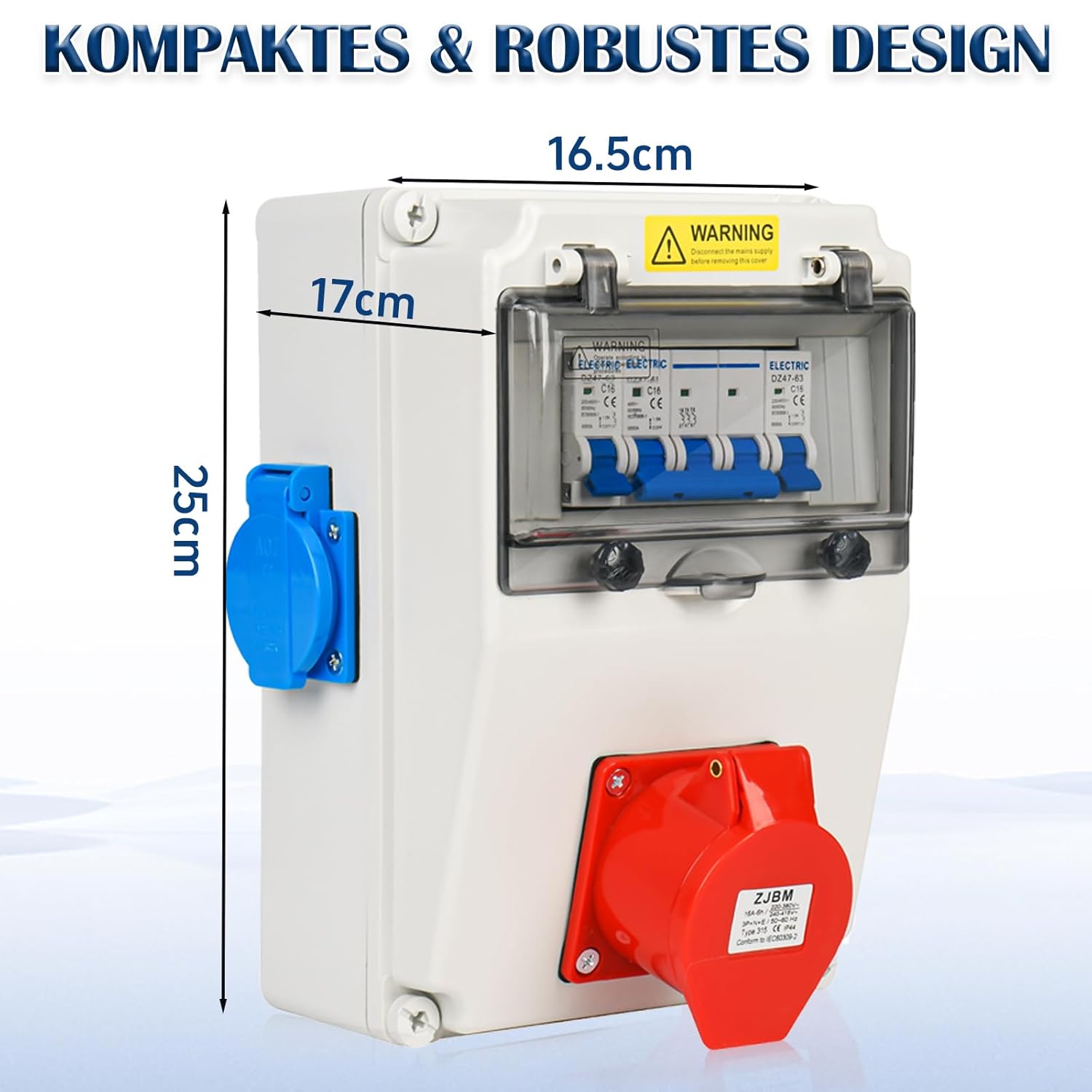 Wandverteiler Vorverkabelt Stromverteiler, 2x 230V Schuko Steckdosen + 1x CEE 16A 380V, Baustromverteiler mit Leitungsschutzschalter, IP67 Wasserdicht Gehäuse für Innen und Außen