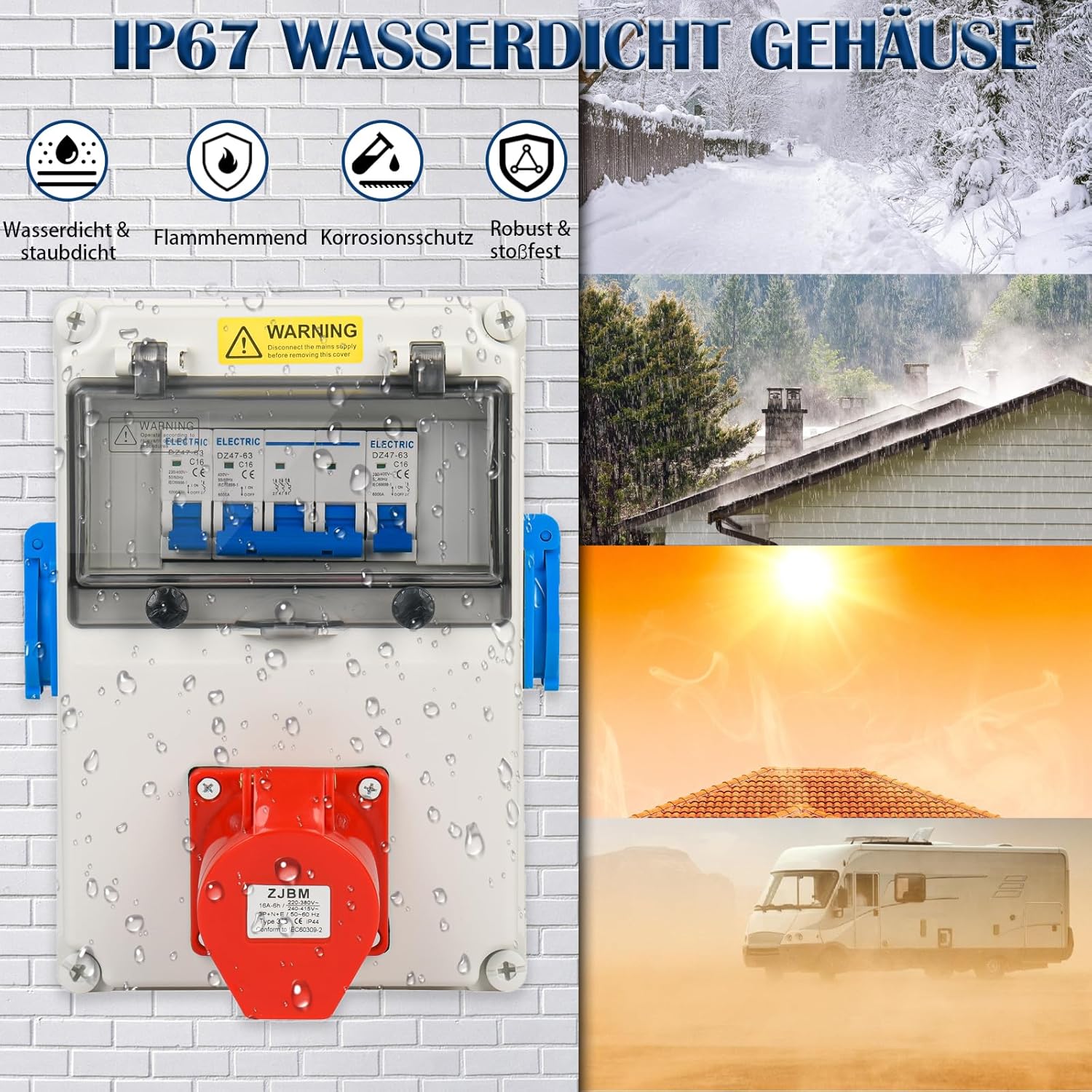 Wandverteiler Vorverkabelt Stromverteiler, 2x 230V Schuko Steckdosen + 1x CEE 16A 380V, Baustromverteiler mit Leitungsschutzschalter, IP67 Wasserdicht Gehäuse für Innen und Außen