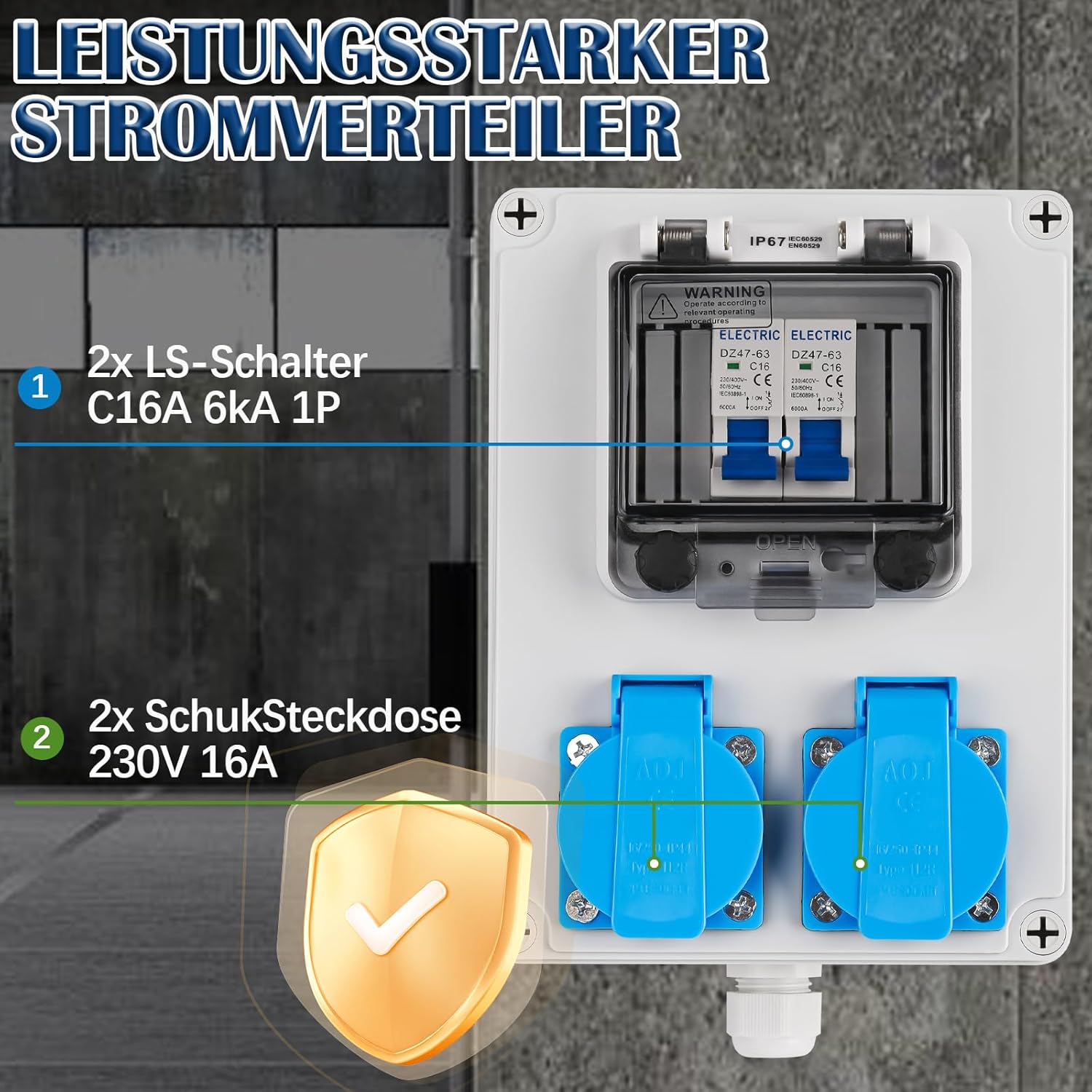 Baustromverteiler Vorverkabelt Stromverteiler, 2x 230V Schuko Steckdosen, Wandverteiler mit 2x Leitungsschutzschalter 16A 1P, IP67 Wasserdicht Gehäuse für Innen und Außen