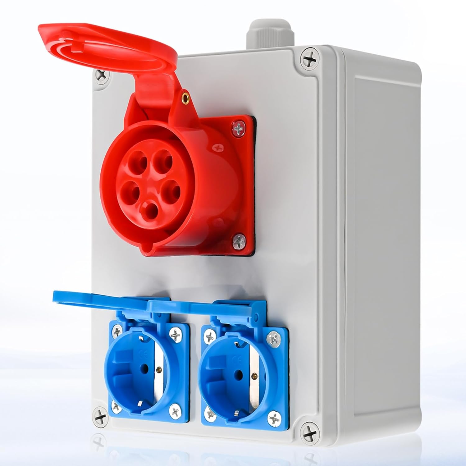 Wandverteiler Baustromverteiler Vorverkabelt Stromverteiler, 2x 16A 230V Schuko Steckdosen + 1x CEE 16A 380V, IP67 Wasserdicht Gehäuse für Innen und Außen