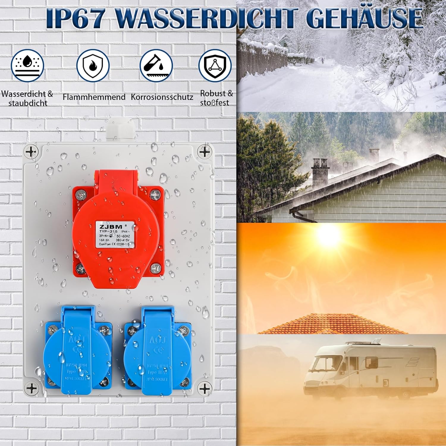 Wandverteiler Baustromverteiler Vorverkabelt Stromverteiler, 2x 16A 230V Schuko Steckdosen + 1x CEE 16A 380V, IP67 Wasserdicht Gehäuse für Innen und Außen