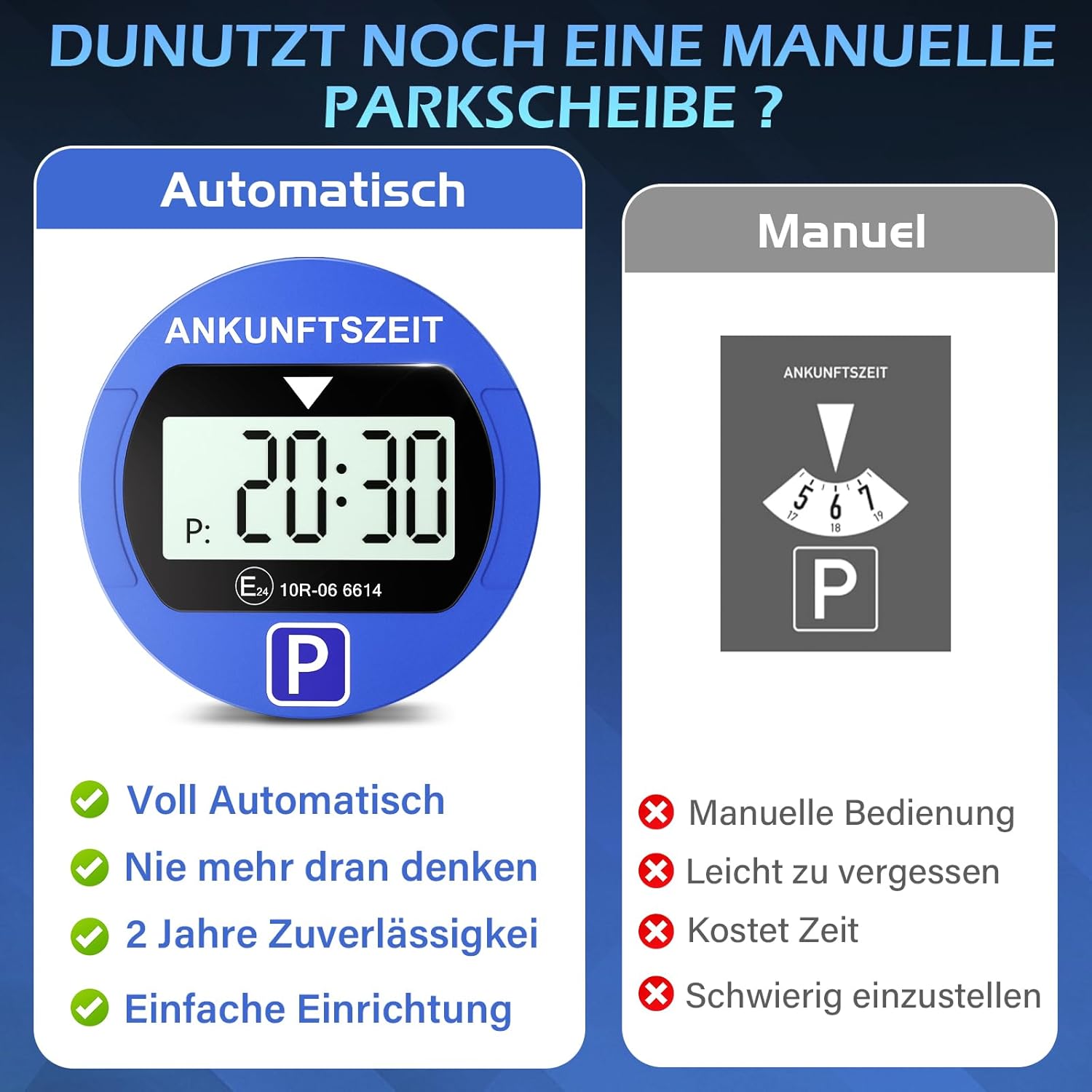 2 Stück Elektronische Parkscheibe mit Zulassung vom KBA, Automatische Digitale Parkscheibe Elektrisch mit Batterie, Elektrische Parkuhr Auto mit 2 Displays & Nachtparkmodus & Vielseitig