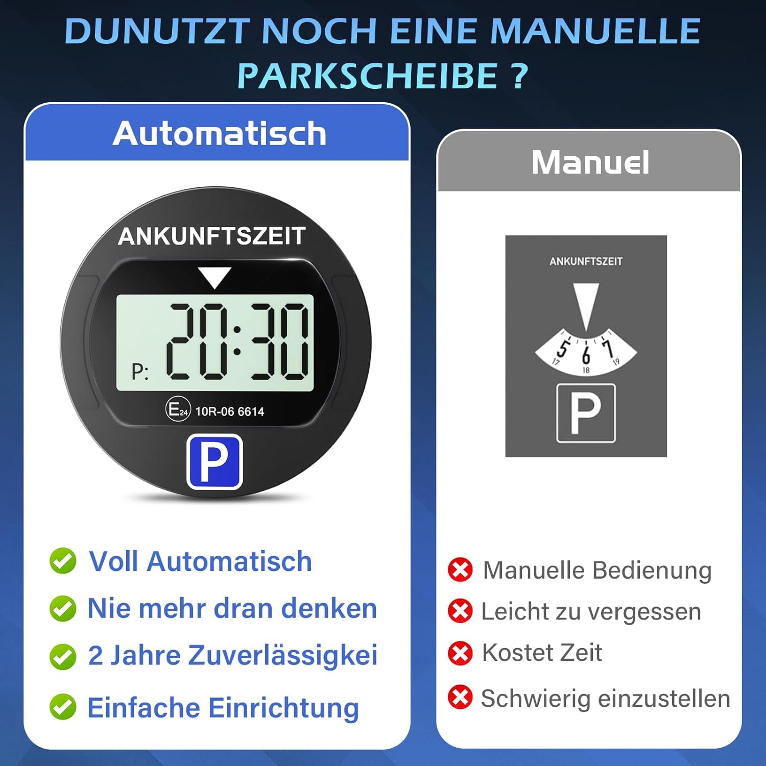 2 Stück Elektronische Parkscheibe mit Zulassung vom KBA, Automatische Digitale Parkscheibe Elektrisch mit Batterie, Elektrische Parkuhr Auto mit 2 Displays & Nachtparkmodus & Vielseitig