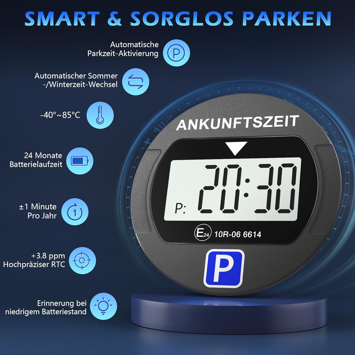 2 Stück Elektronische Parkscheibe mit Zulassung vom KBA, Automatische Digitale Parkscheibe Elektrisch mit Batterie, Elektrische Parkuhr Auto mit 2 Displays & Nachtparkmodus & Vielseitig