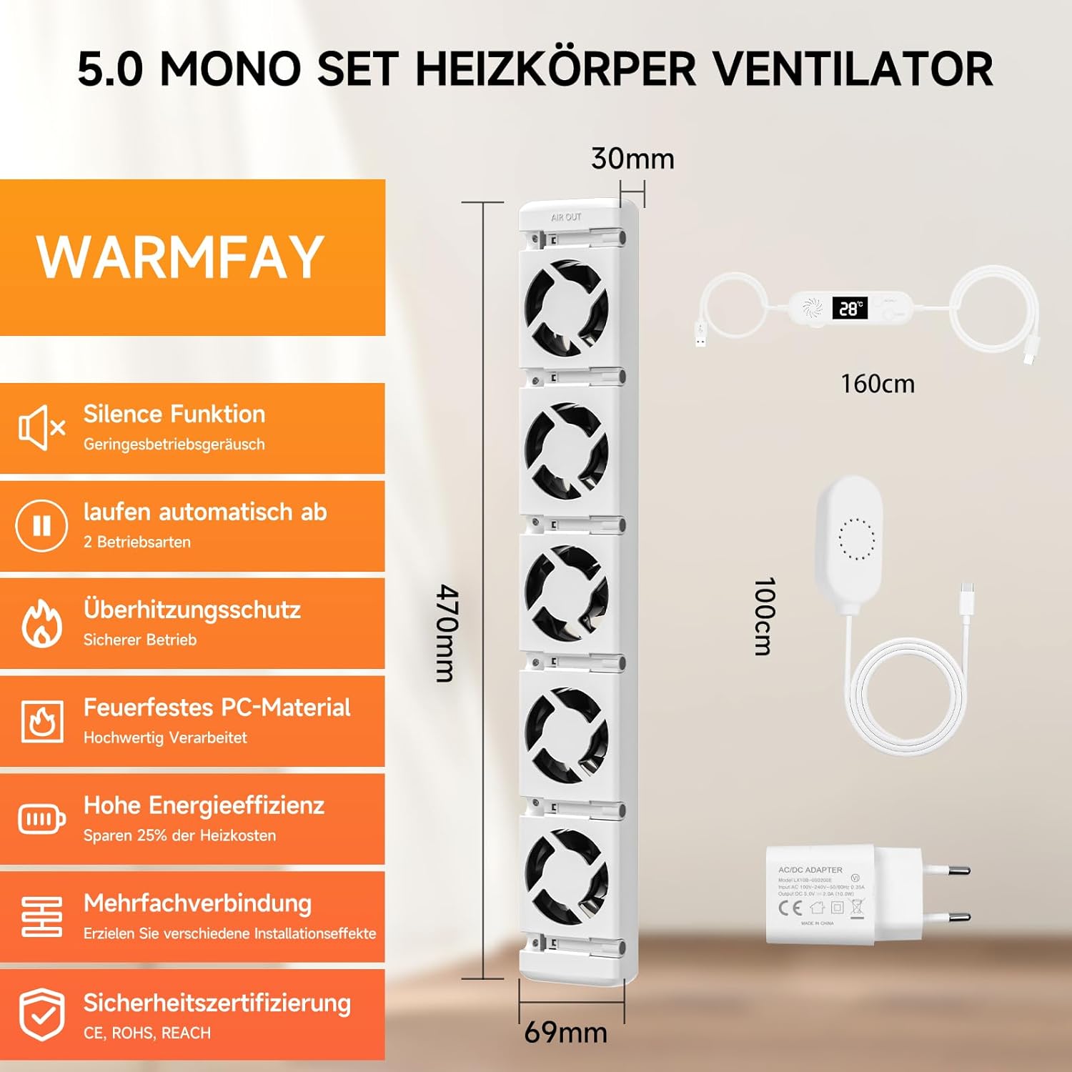 Heizkörper Ventilator 5.0 Heizungsventilator, Smart Heizkörperverstärker Einstellbarer Geschwindigkeit mit Thermostaten, Heizungslüfter Lauf Ruhig Sparen von Energie & Heizkosten (Mono Set)
