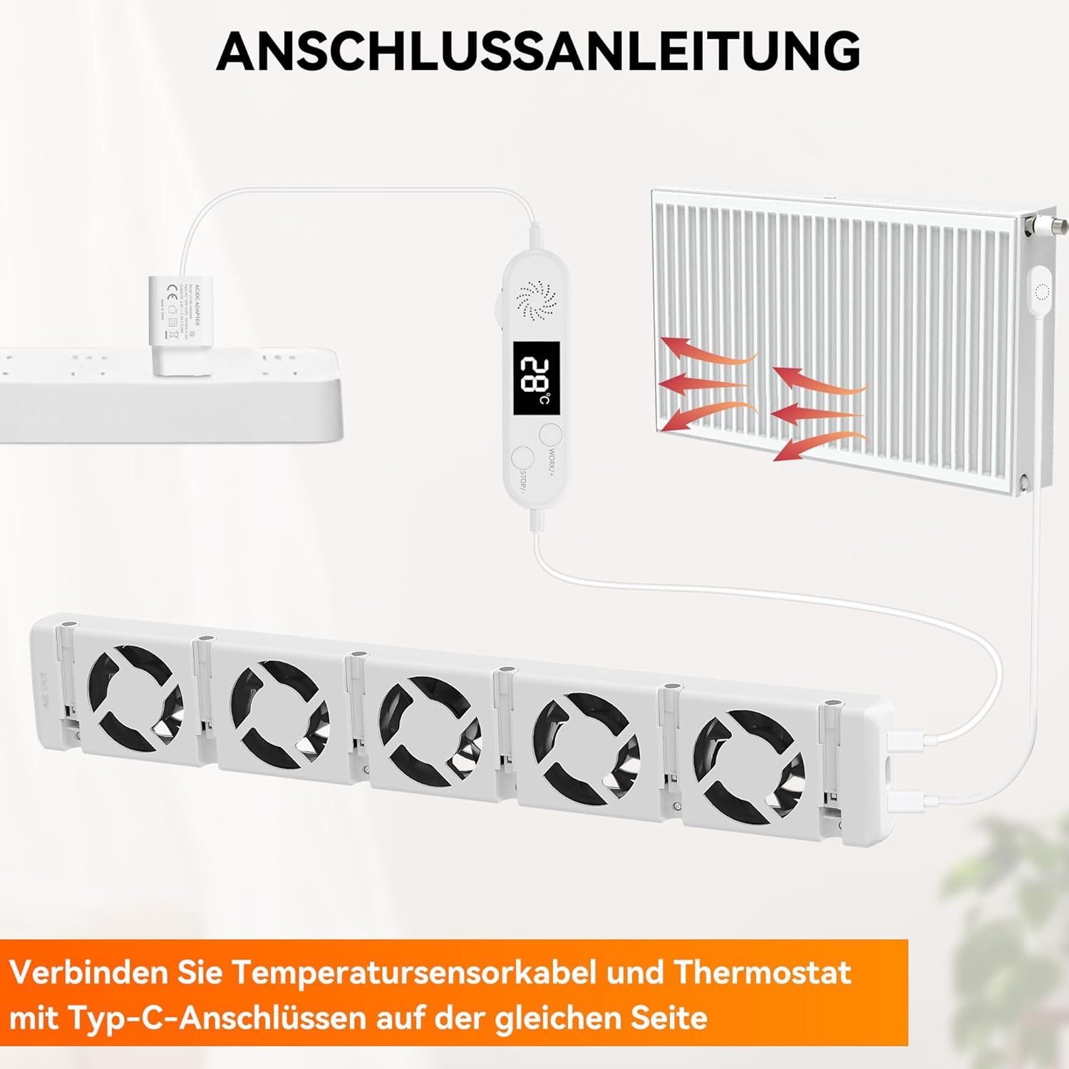 Heizkörper Ventilator 5.0 Heizungsventilator, Smart Heizkörperverstärker Einstellbarer Geschwindigkeit mit Thermostaten, Heizungslüfter Lauf Ruhig Sparen von Energie & Heizkosten (Mono Set)