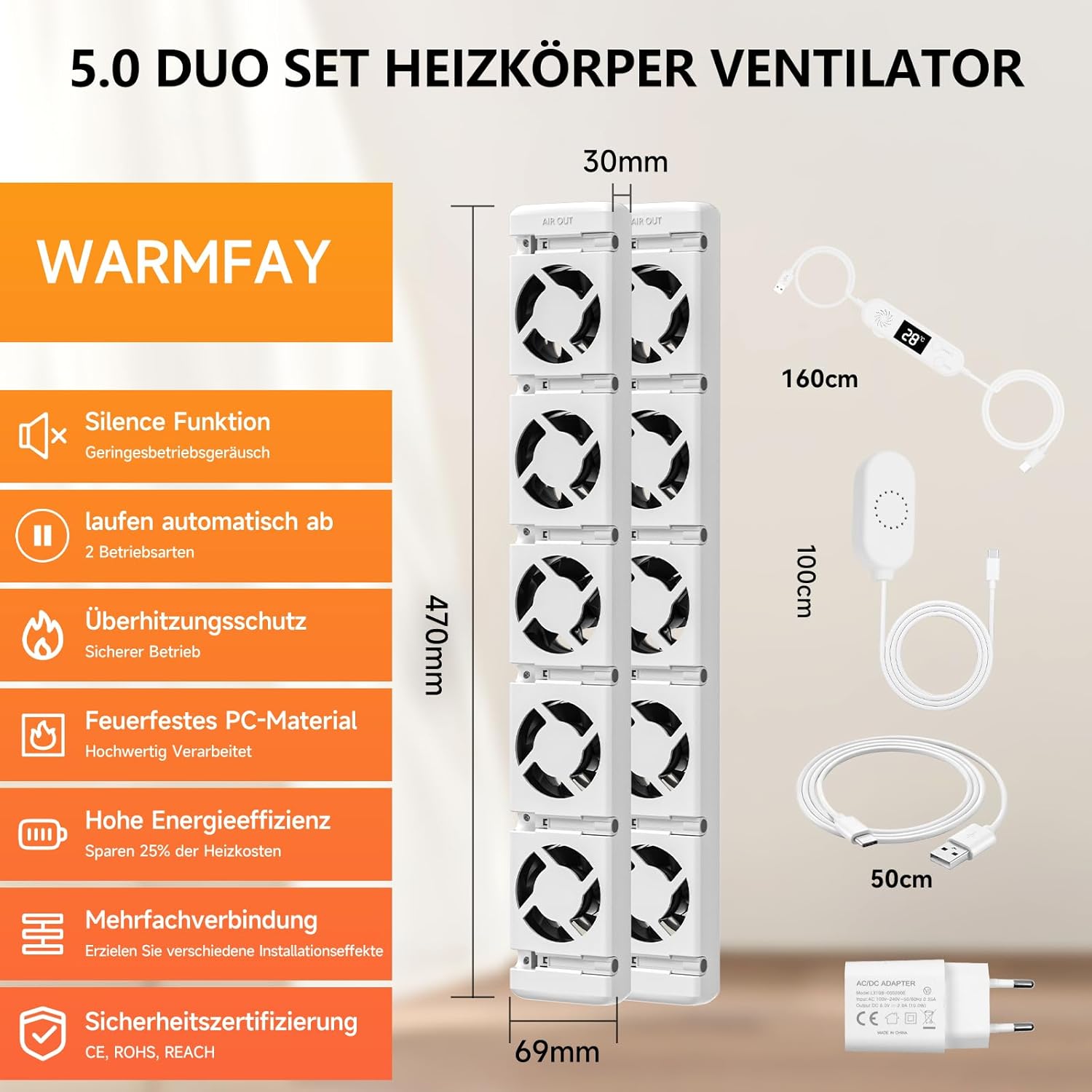 Heizkörper Ventilator 5.0 Heizungsventilator, Smart Heizkörperverstärker Einstellbarer Geschwindigkeit mit Thermostaten, Heizungslüfter Lauf Ruhig Sparen von Energie & Heizkosten (Duo Set)