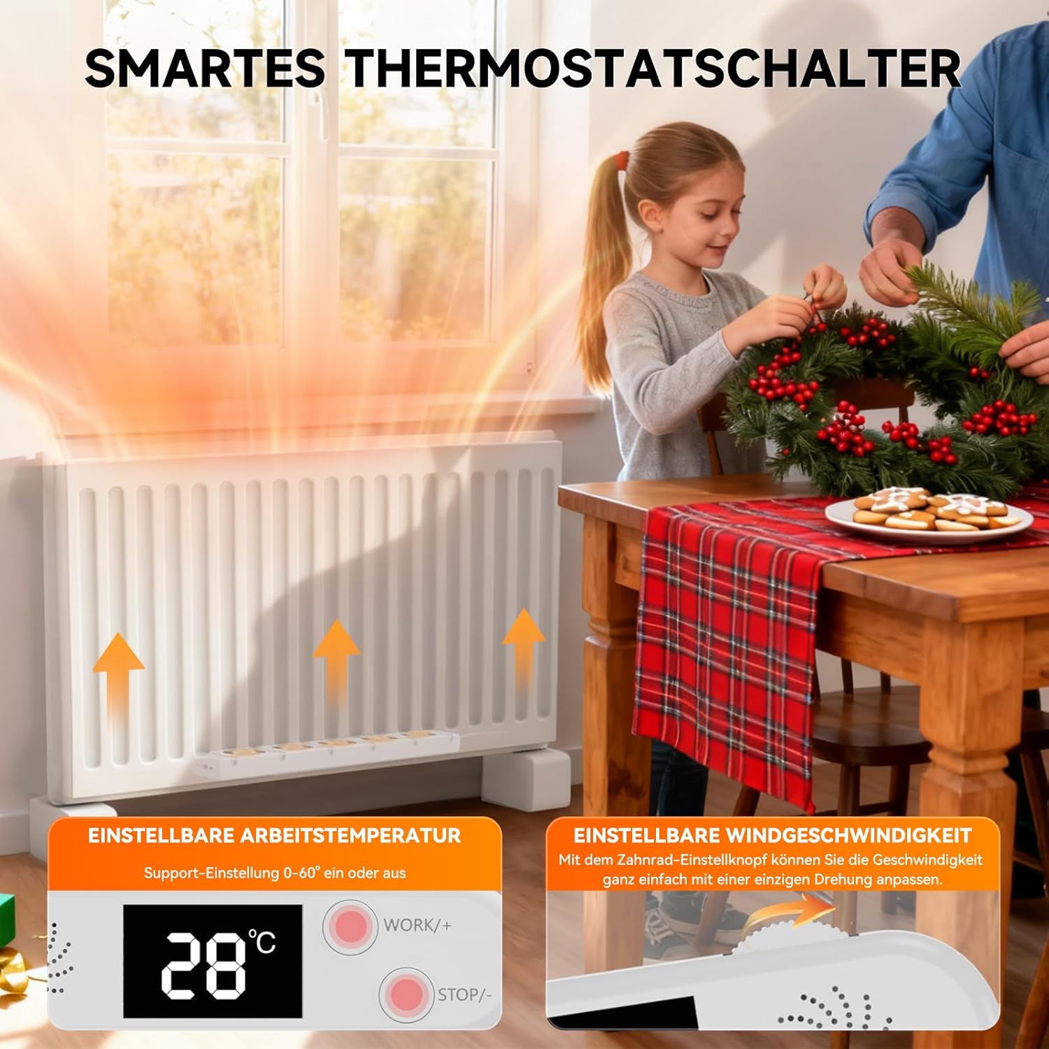 Heizkörper Ventilator 5.0 Heizungsventilator, Smart Heizkörperverstärker Einstellbarer Geschwindigkeit mit Thermostaten, Heizungslüfter Lauf Ruhig Sparen von Energie & Heizkosten (Duo Set)