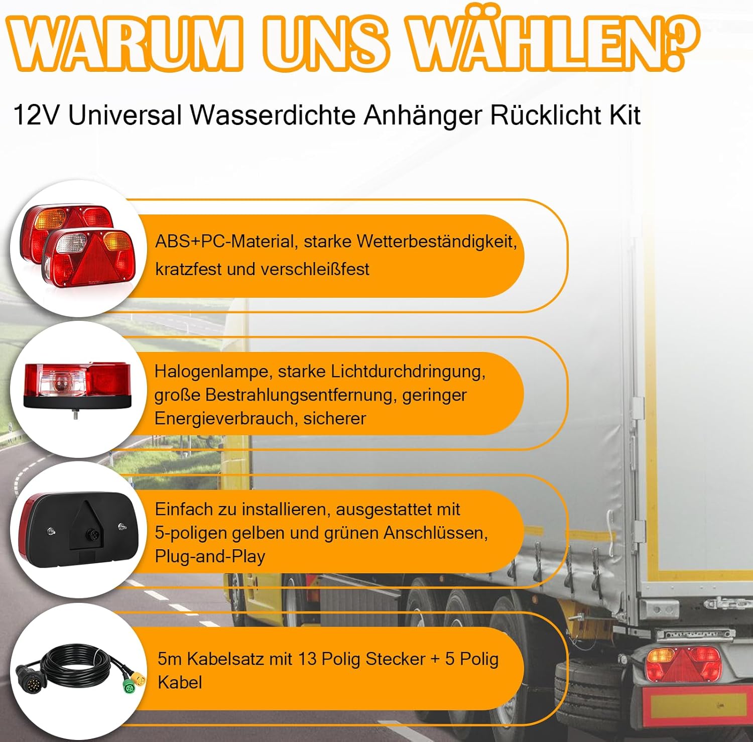 Anhänger Rückleuchten, 12V Universal Rückleuchten Set Anhänger 13 Polig Stecker 5M Kabelsatz, PKW LKW Beleuchtung mit E11-Zertifiziert für Straßenverkehr Zugelassen