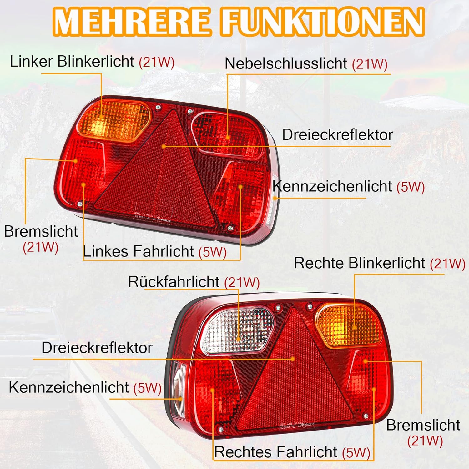 Anhänger Rückleuchten, 12V Universal Rückleuchten Set Anhänger 13 Polig Stecker 5M Kabelsatz, PKW LKW Beleuchtung mit E11-Zertifiziert für Straßenverkehr Zugelassen