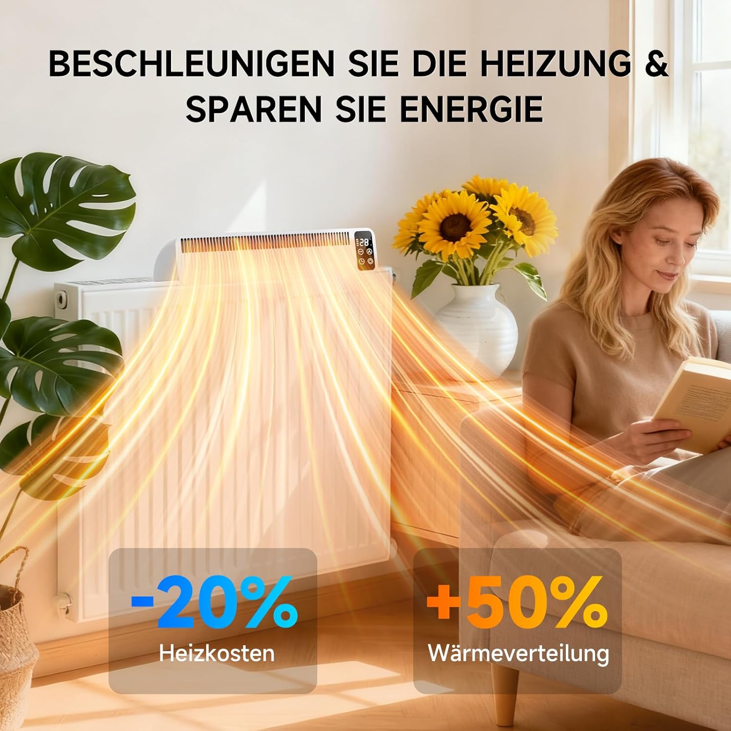 Heizkörper Ventilator, Wiederaufladbar Heizungslüfter 2 Modi, Smart Heizverstärker mit 3 Geschwindigkeitsstufen & Zeitfunktion, Magnetische Heizungsventilator für Meisten Heizkörper