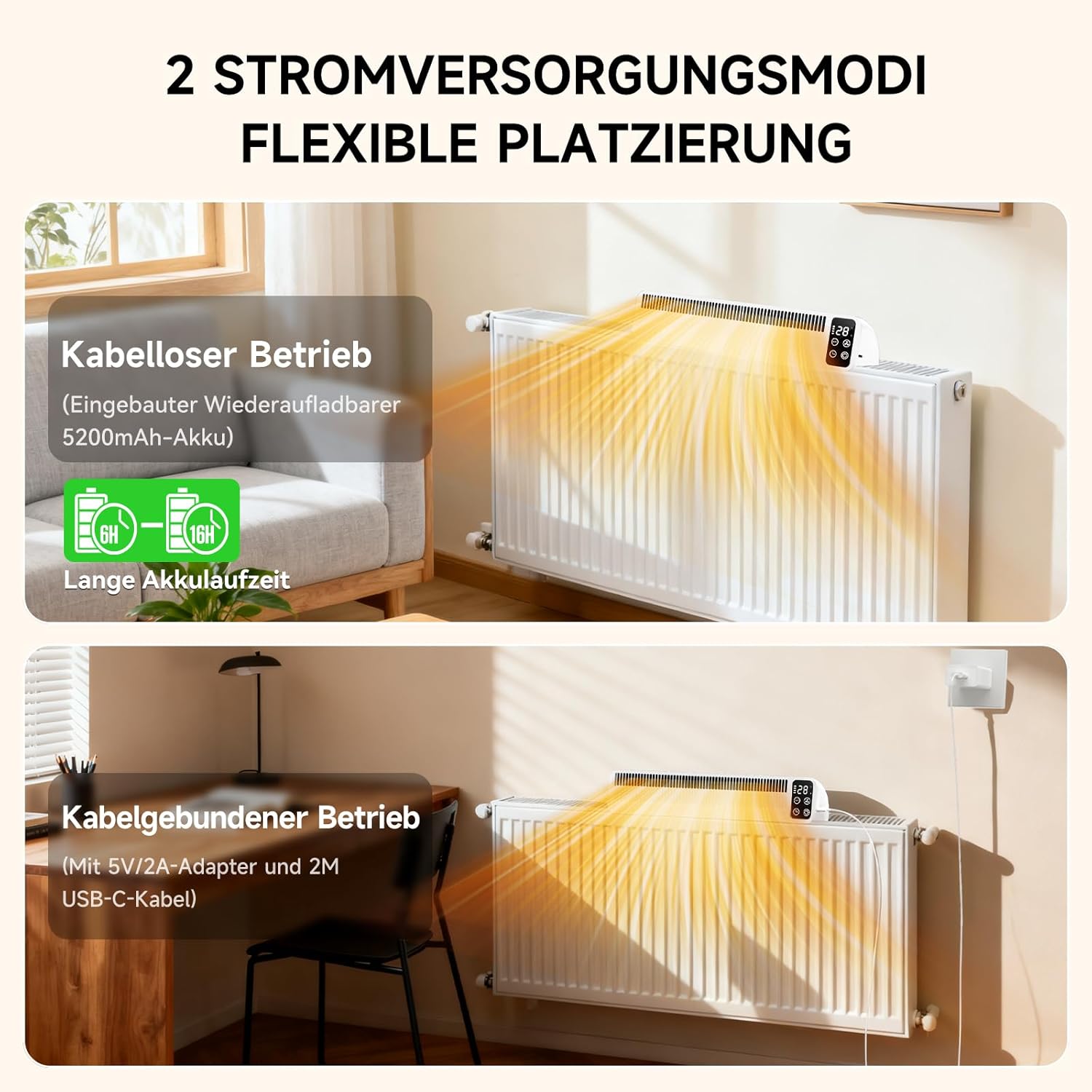 Heizkörper Ventilator, Wiederaufladbar Heizungslüfter 2 Modi, Smart Heizverstärker mit 3 Geschwindigkeitsstufen & Zeitfunktion, Magnetische Heizungsventilator für Meisten Heizkörper