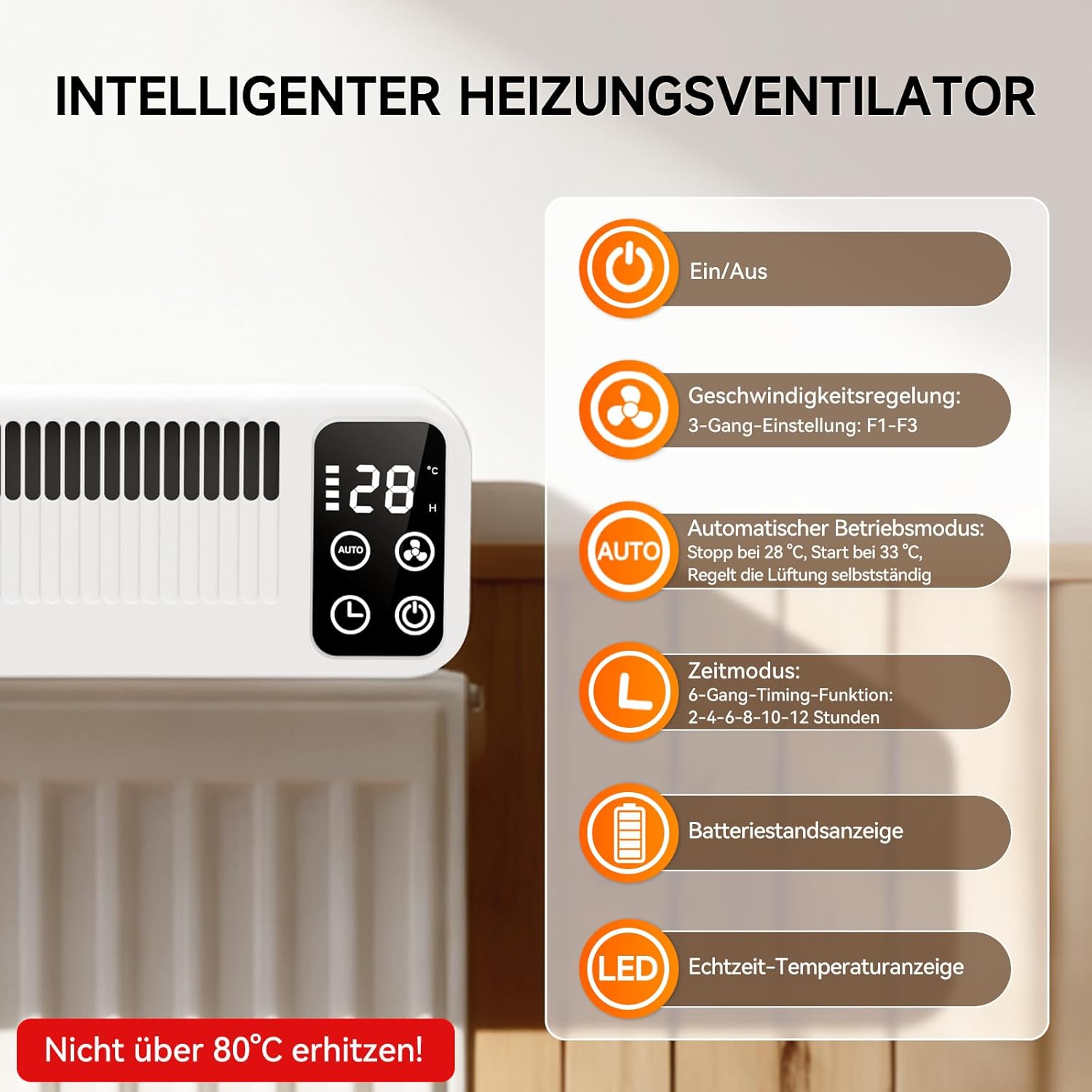 Heizkörper Ventilator, Wiederaufladbar Heizungslüfter 2 Modi, Smart Heizverstärker mit 3 Geschwindigkeitsstufen & Zeitfunktion, Magnetische Heizungsventilator für Meisten Heizkörper