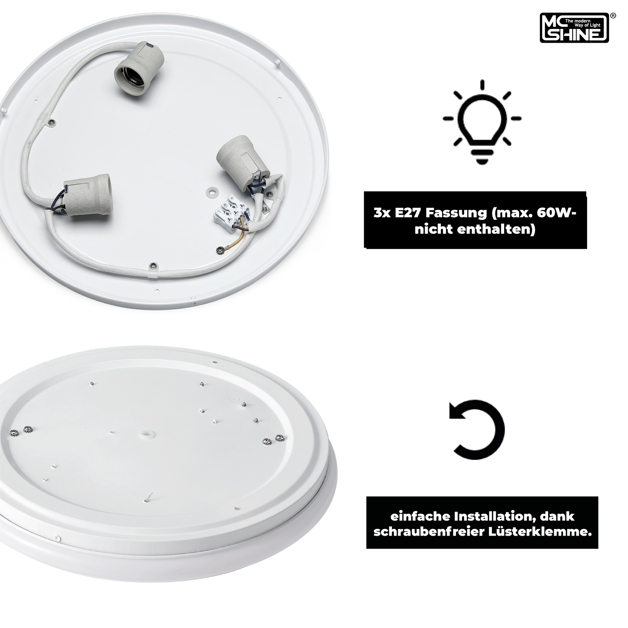 McShine Deckenleuchte | STAR | Ø37,5cm 3-flammig Sockel für E27 Leuchtmittel | runde Deckenlampe LED geeignet, weiß für Wohnzimmer, Flur, Arbeitszimmer, Büro