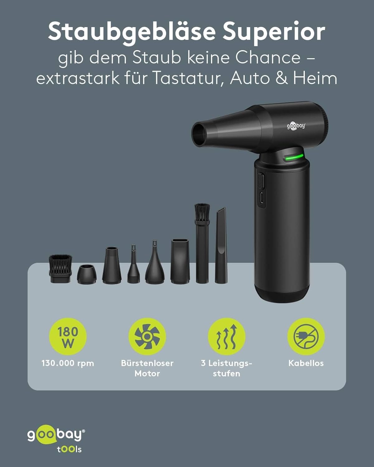 Staubgebläse Superior mit 3 Stufen, 6.000 mAh Akku, 130.000 rpm, bis 110 min Betriebsdauer, inkl. 8 Aufsätze zum Entfernen von Staub auf Tastaturen, im PC, im Sofa, Autointerieur