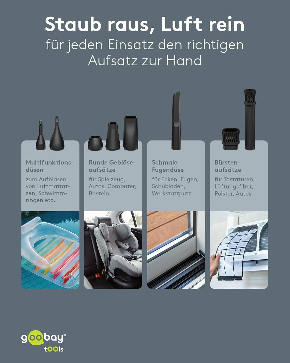 Staubgebläse Superior mit 3 Stufen, 6.000 mAh Akku, 130.000 rpm, bis 110 min Betriebsdauer, inkl. 8 Aufsätze zum Entfernen von Staub auf Tastaturen, im PC, im Sofa, Autointerieur