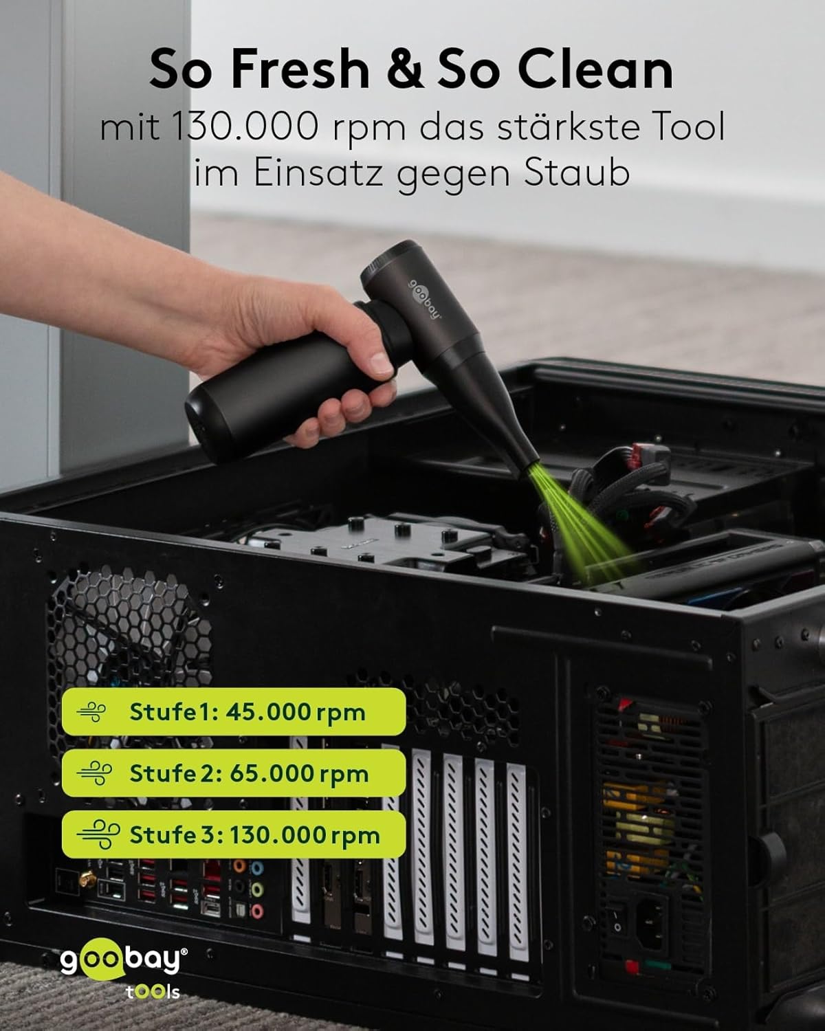 Staubgebläse Superior mit 3 Stufen, 6.000 mAh Akku, 130.000 rpm, bis 110 min Betriebsdauer, inkl. 8 Aufsätze zum Entfernen von Staub auf Tastaturen, im PC, im Sofa, Autointerieur