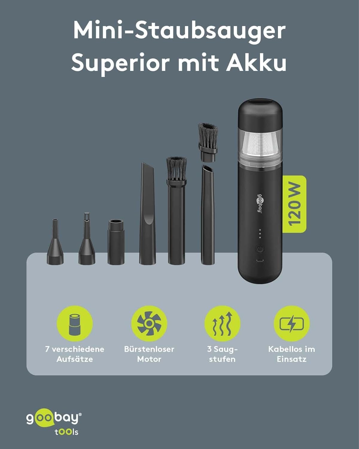 Mini-Staubsauger Superior/Akku-Handstaubsauger für Auto, Haus, Wohnmobil, 120W, 7 Düsen, 3 Bürsten/Ideal für Tastaturen und schwer zugängliche Ecken, Gebläsefunktion