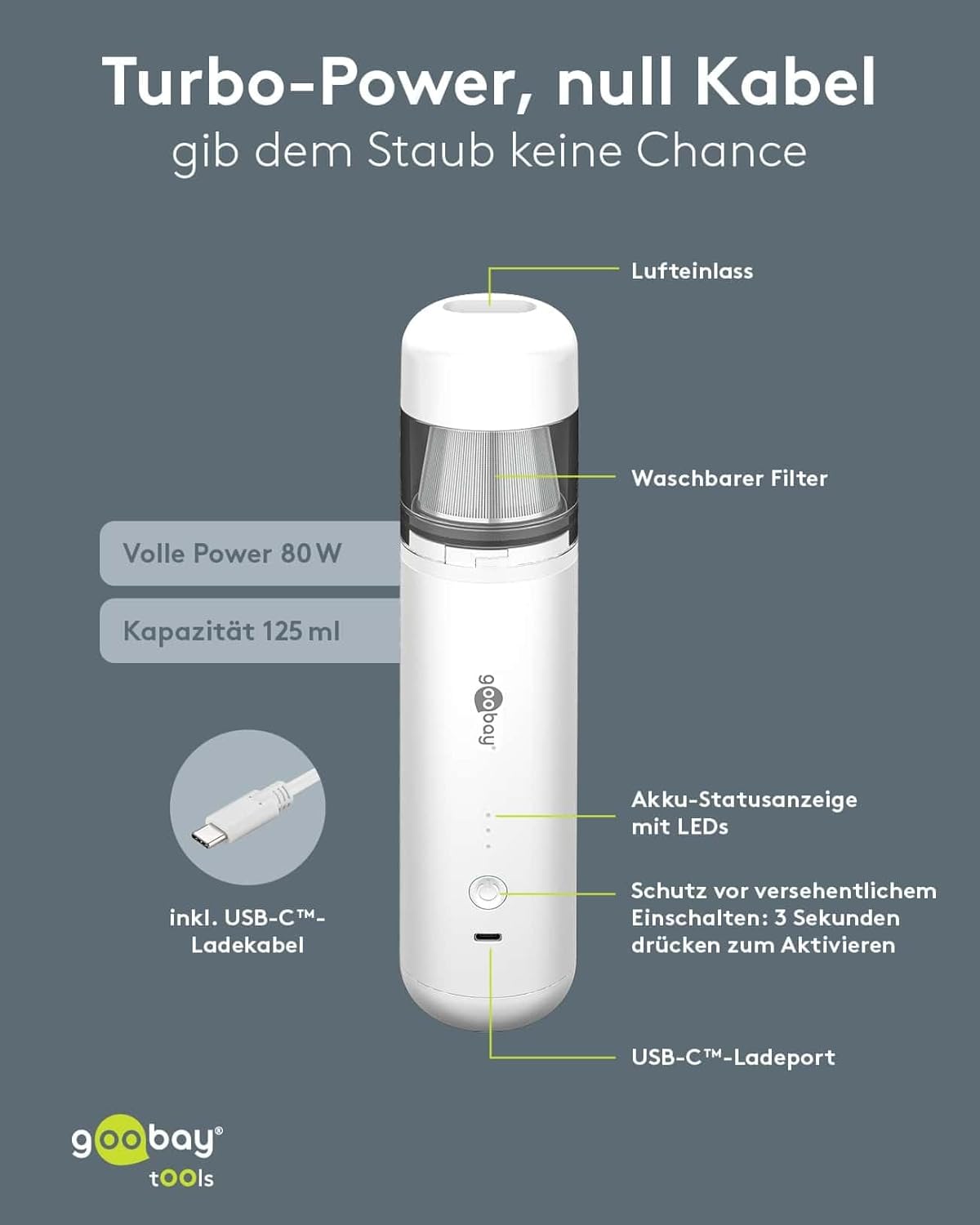 Mini-Staubsauger 80W, Acrylnitril-Butadien-Styrol, weiß, Mini-Staubsauger 80W, 80 W, 0.125 liters, 90 Dezibel