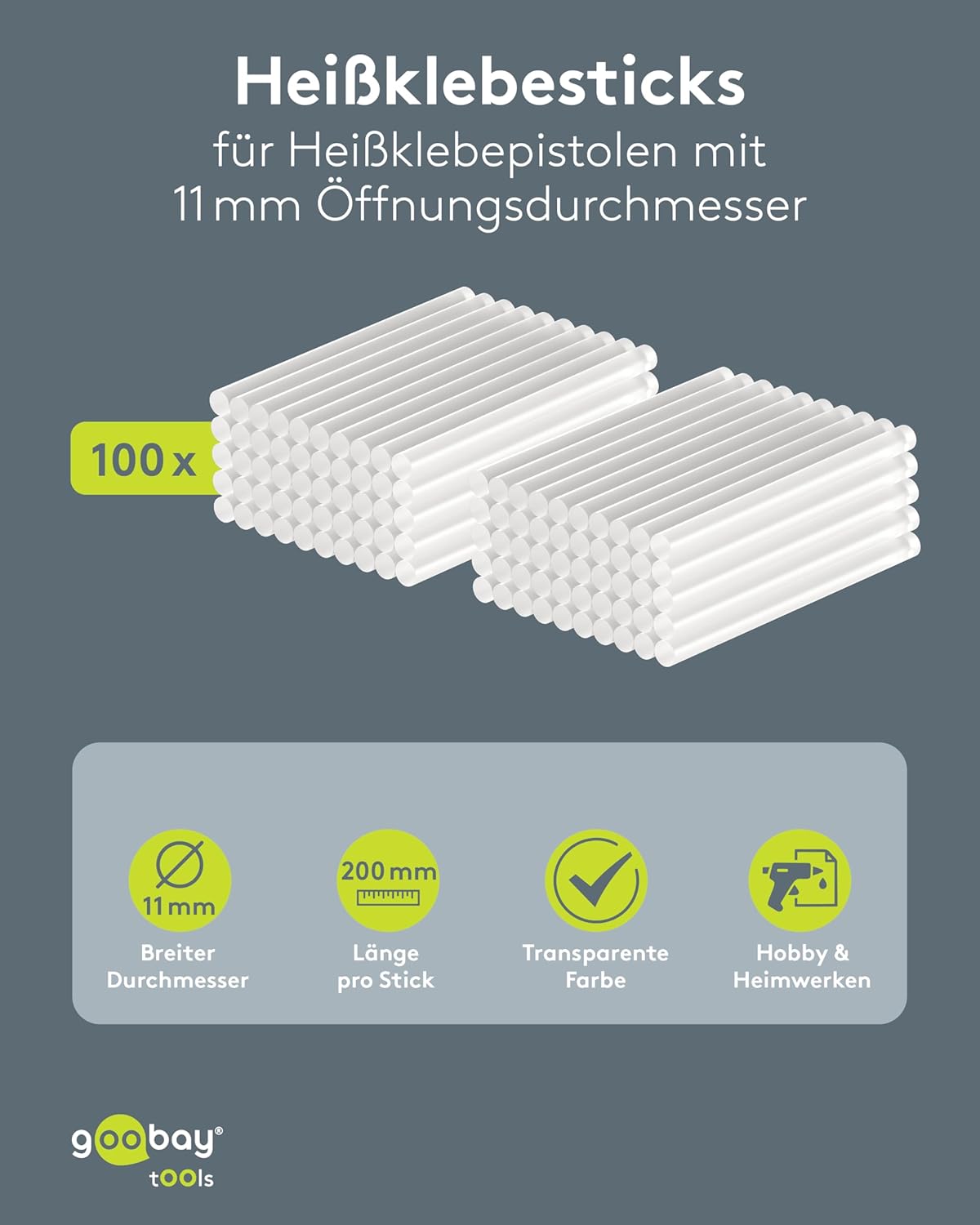Heißklebepistole Sticks 11x200 mm, 100 Stk, Klebesticks für Standard-Klebepistolen, Heißklebesticks, schnelltrocknend, für Modellbau, Bastel- und DIY-Projekte, Transparent
