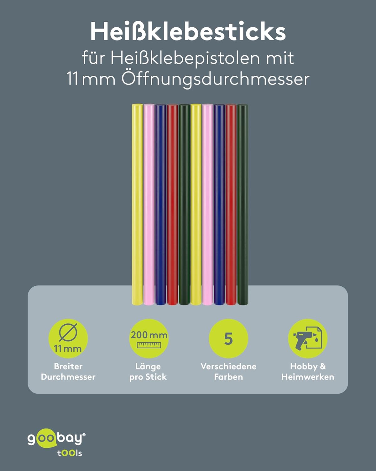 Heißklebepistole Farb-Sticks 11x200 mm, 10 Stk, 5 Farben, Klebesticks für Standard-Klebepistolen, Heißklebesticks, schnelltrocknend, für Modellbau, Bastel- und DIY-Projekte
