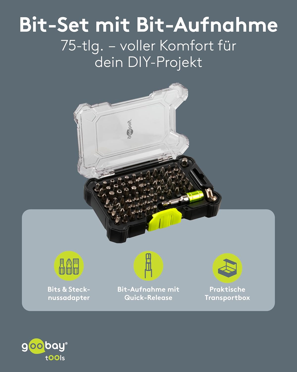 72-tlg. Bithalter-Set mit Quick-Release/Magnetische Bits aus CRV-Stahl/Werkzeug-Set für Heimwerker, Montage & Reparatur/Stapelbare Transportbox