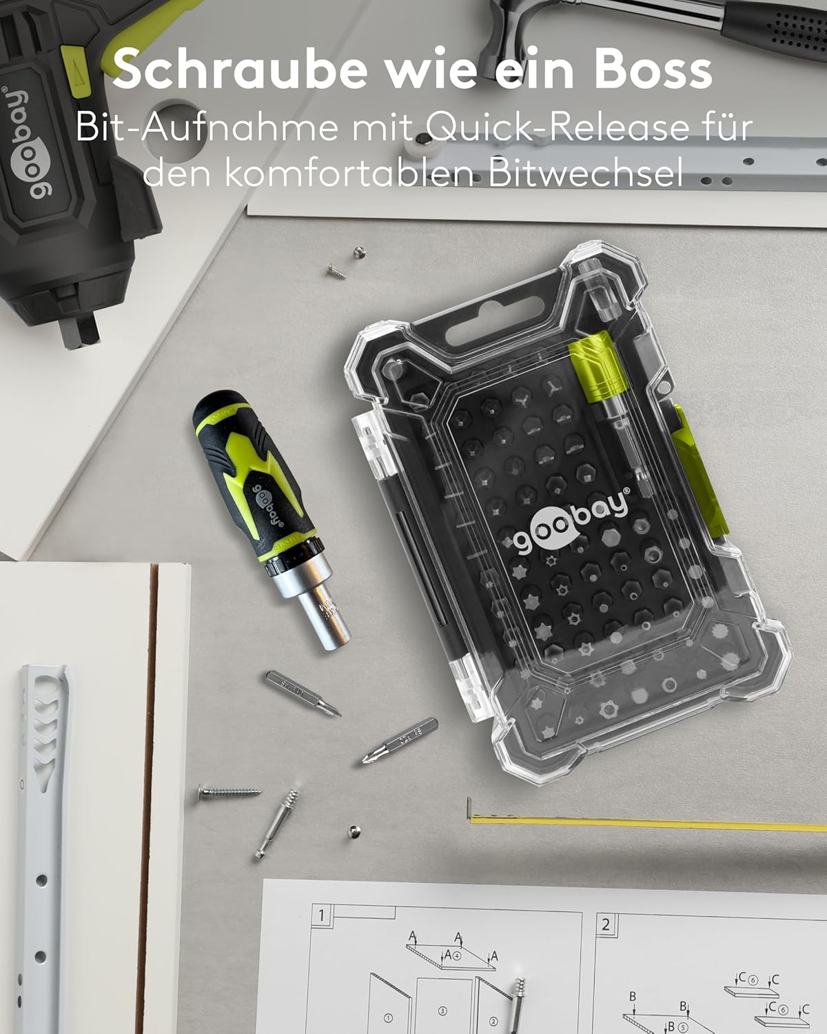 72-tlg. Bithalter-Set mit Quick-Release/Magnetische Bits aus CRV-Stahl/Werkzeug-Set für Heimwerker, Montage & Reparatur/Stapelbare Transportbox