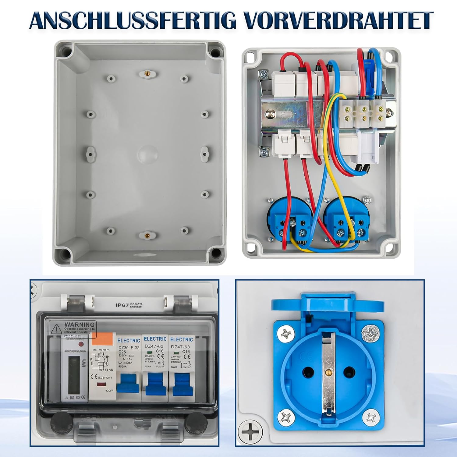 Wandverteiler Vorverkabelt Stromverteiler, Baustromverteiler mit FI-Schalter, LS Schalter und Stromzähler, 2x 230V Schuko Steckdosen, IP67 Wasserdicht Gehäuse für Innen und Außen
