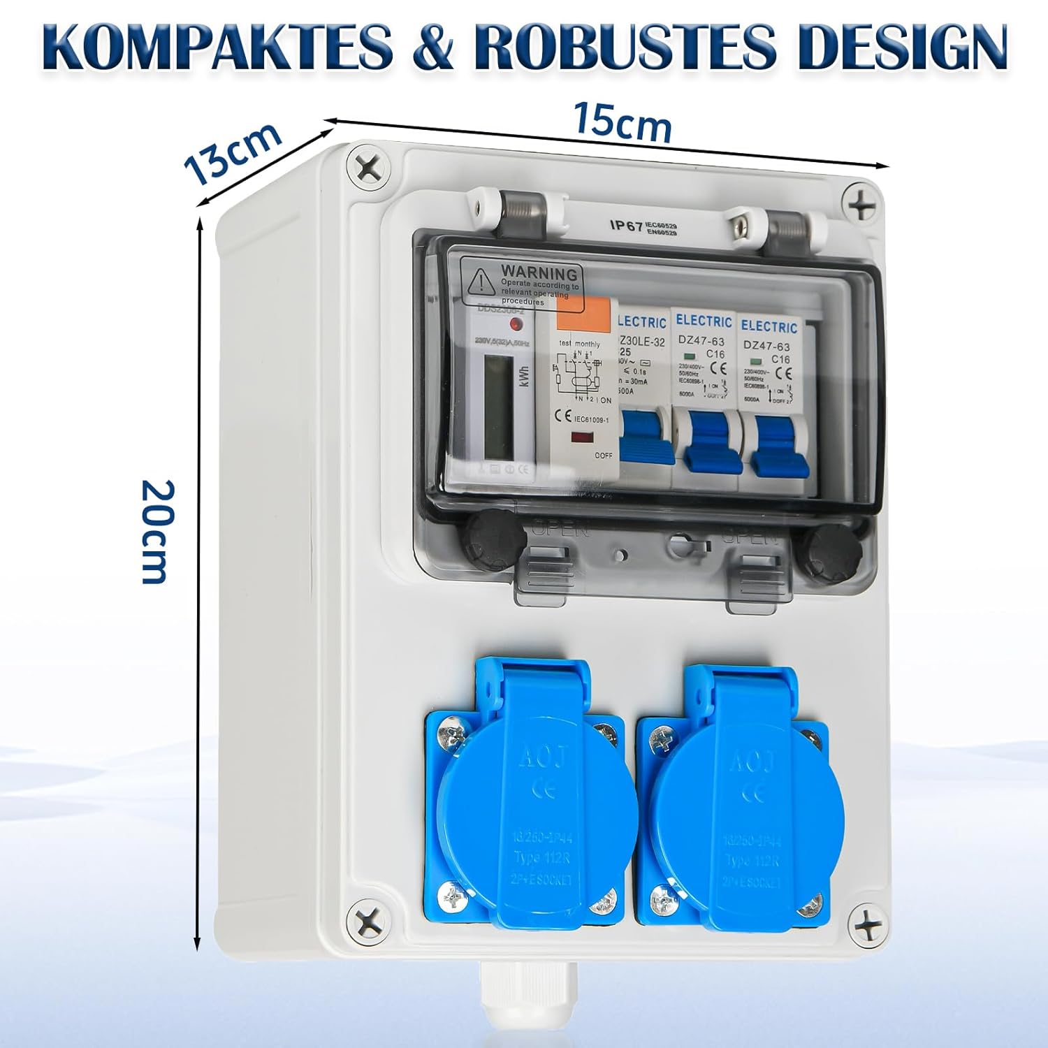 Wandverteiler Vorverkabelt Stromverteiler, Baustromverteiler mit FI-Schalter, LS Schalter und Stromzähler, 2x 230V Schuko Steckdosen, IP67 Wasserdicht Gehäuse für Innen und Außen