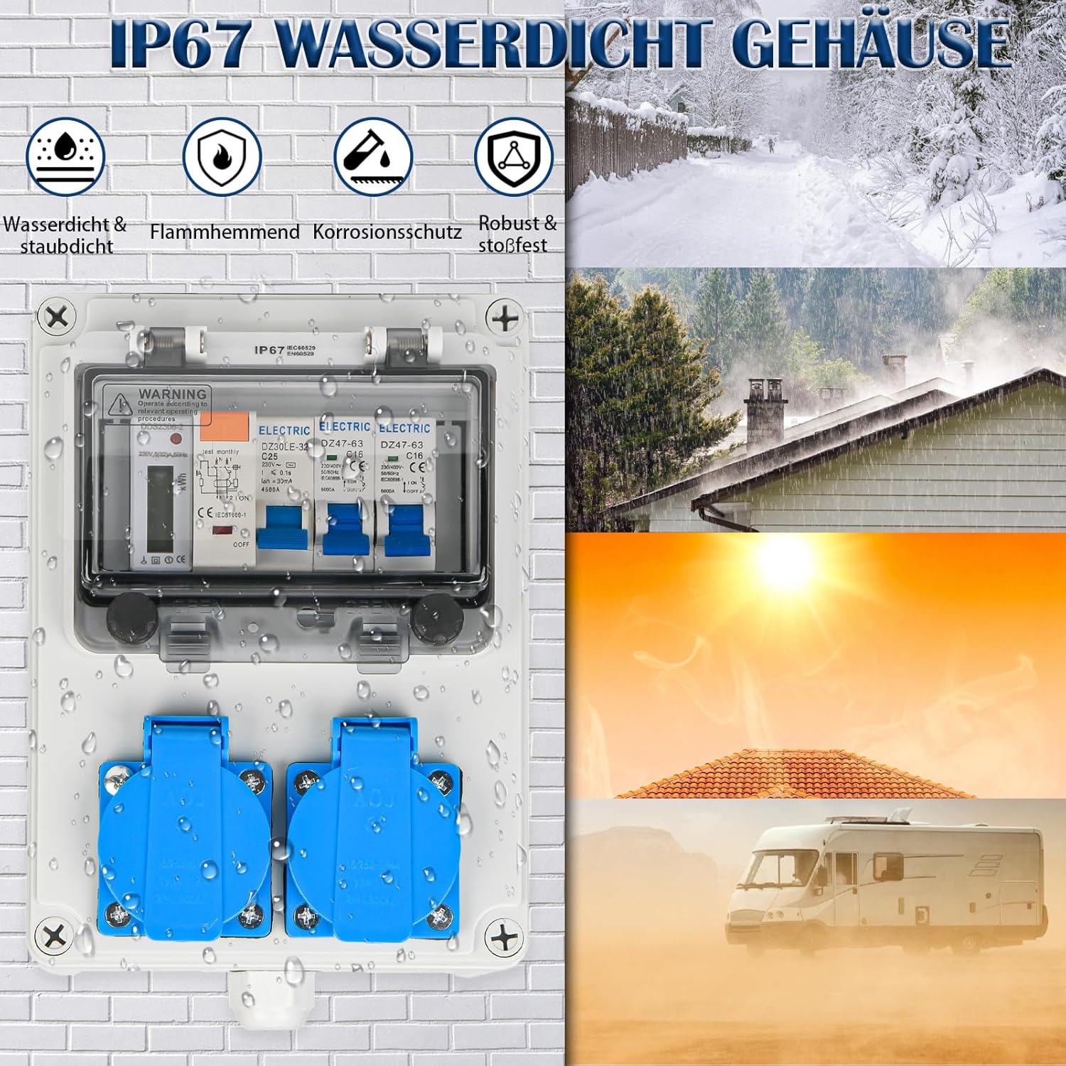 Wandverteiler Vorverkabelt Stromverteiler, Baustromverteiler mit FI-Schalter, LS Schalter und Stromzähler, 2x 230V Schuko Steckdosen, IP67 Wasserdicht Gehäuse für Innen und Außen