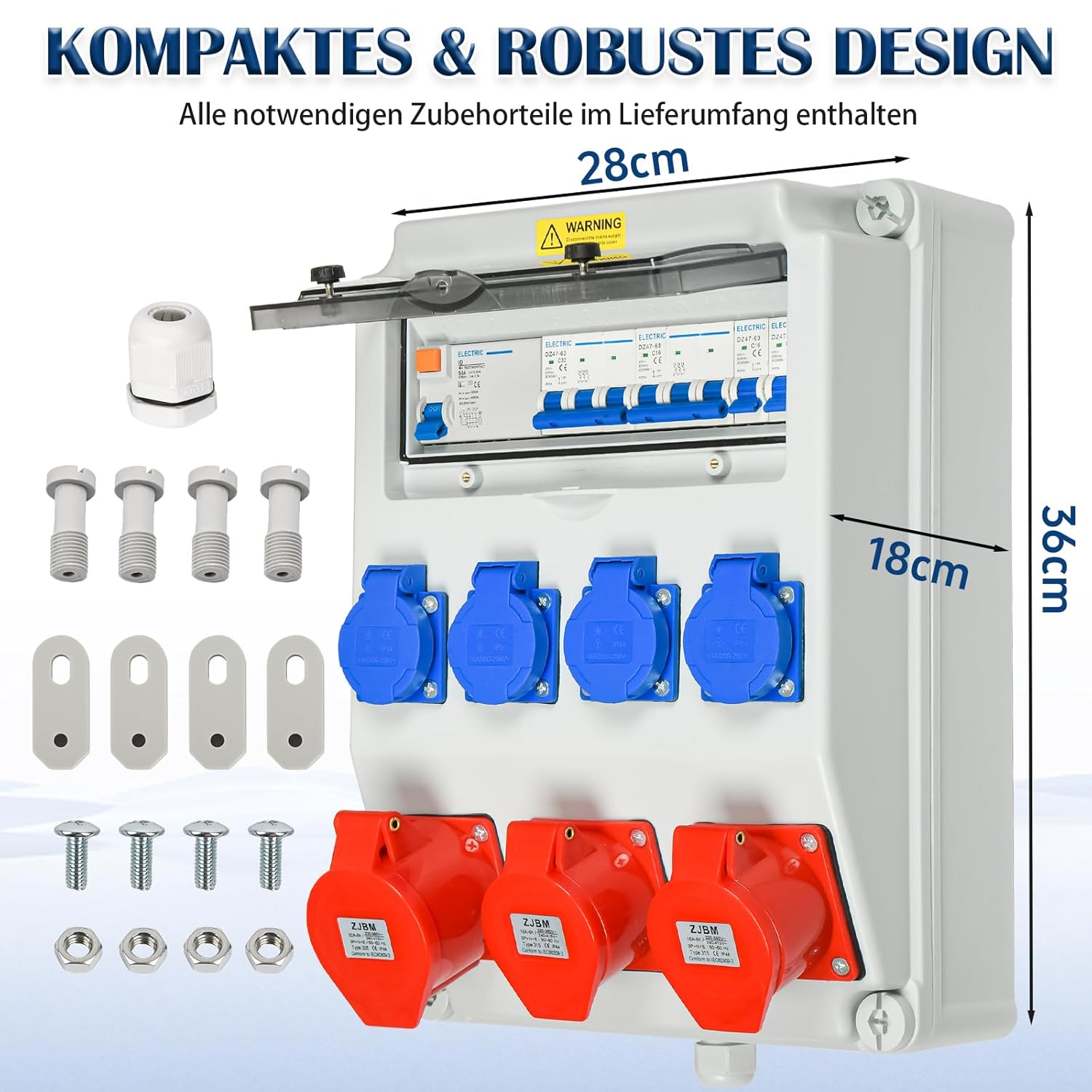 Wandverteiler Stromverteiler Vorverkabelt, 4x 230V + 2x CEE 16A + 1x CEE 32A, Baustromverteiler mit FI-Schalter 50A und LS Schalter, IP67 Wasserdicht Gehäuse für Innen und Außen