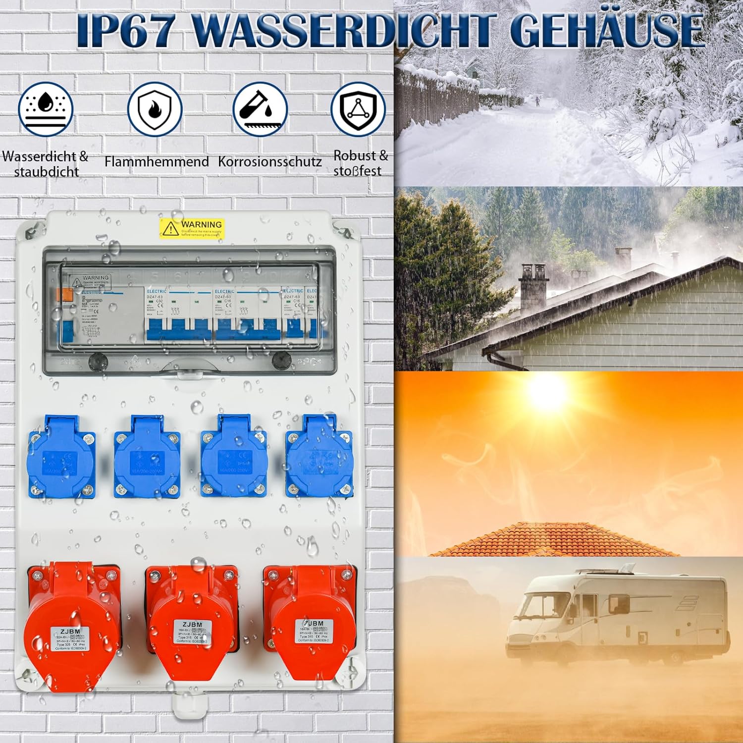 Wandverteiler Stromverteiler Vorverkabelt, 4x 230V + 2x CEE 16A + 1x CEE 32A, Baustromverteiler mit FI-Schalter 50A und LS Schalter, IP67 Wasserdicht Gehäuse für Innen und Außen