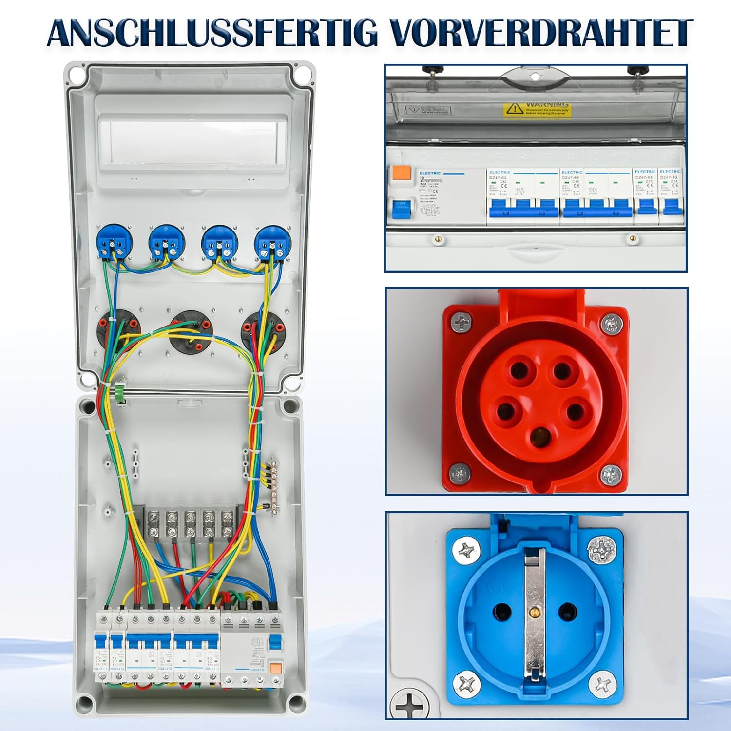 Wandverteiler Stromverteiler Vorverkabelt, 4x 230V + 2x CEE 16A + 1x CEE 32A, Baustromverteiler mit FI-Schalter 50A und LS Schalter, IP67 Wasserdicht Gehäuse für Innen und Außen