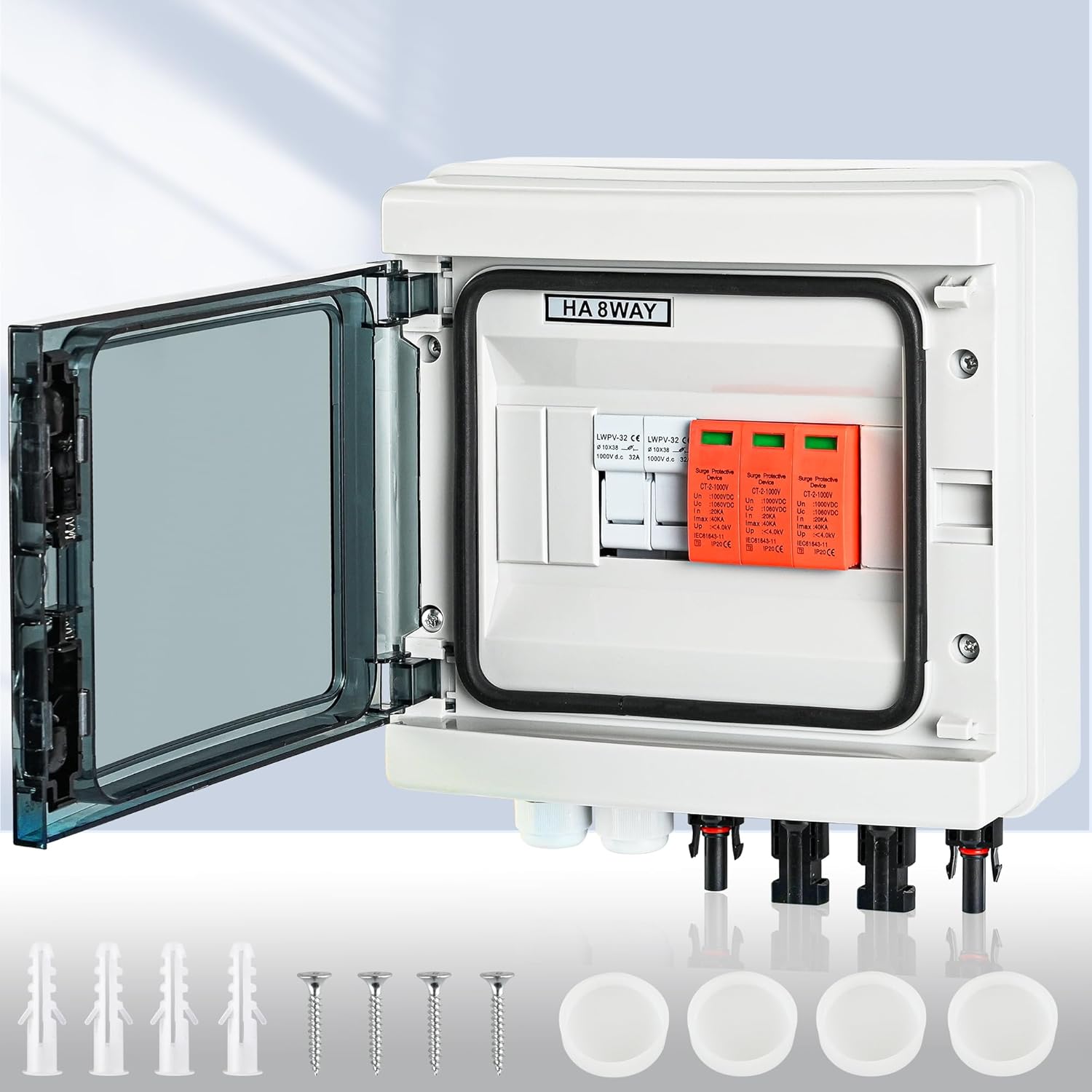 Überspannungsschutz PV DC1000V Blitzschutz PV Anlage 20-40KA, Solar Überspannungsschutz 1 String mit 16A-Sicherung, IP65 Wasserdicht & UV-Beständig Solar Anschlusskasten 1 in 1 out