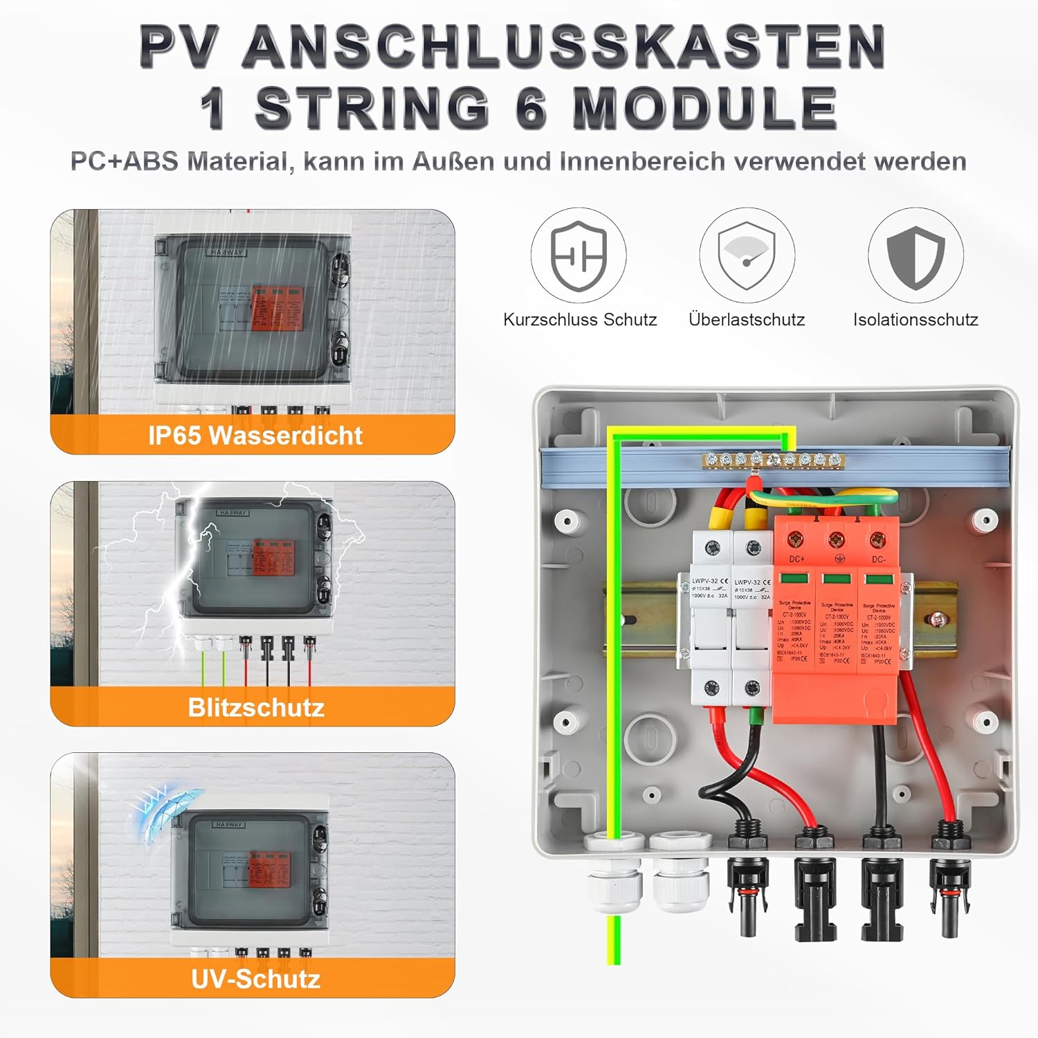 Überspannungsschutz PV DC1000V Blitzschutz PV Anlage 20-40KA, Solar Überspannungsschutz 1 String mit 16A-Sicherung, IP65 Wasserdicht & UV-Beständig Solar Anschlusskasten 1 in 1 out