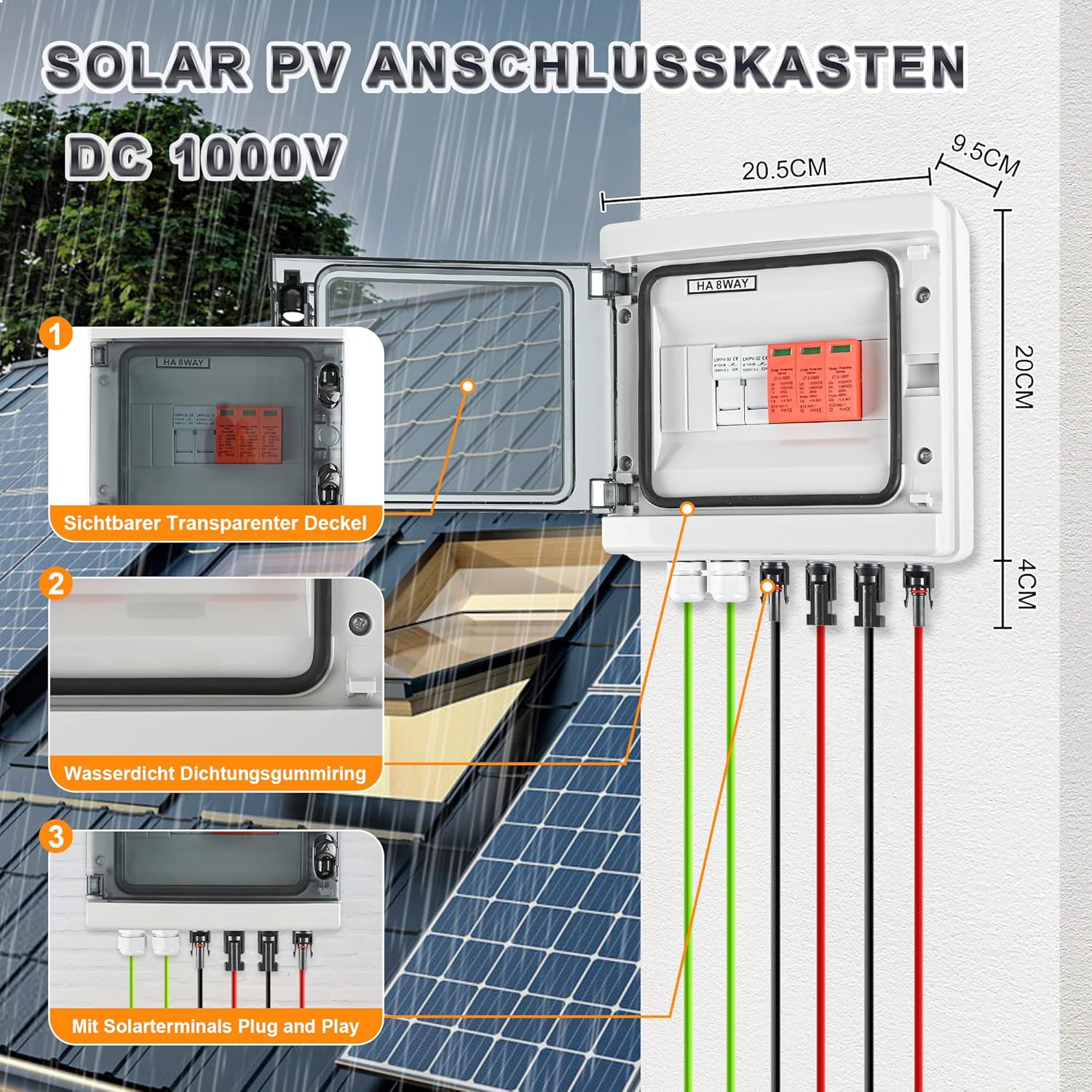 Überspannungsschutz PV DC1000V Blitzschutz PV Anlage 20-40KA, Solar Überspannungsschutz 1 String mit 16A-Sicherung, IP65 Wasserdicht & UV-Beständig Solar Anschlusskasten 1 in 1 out