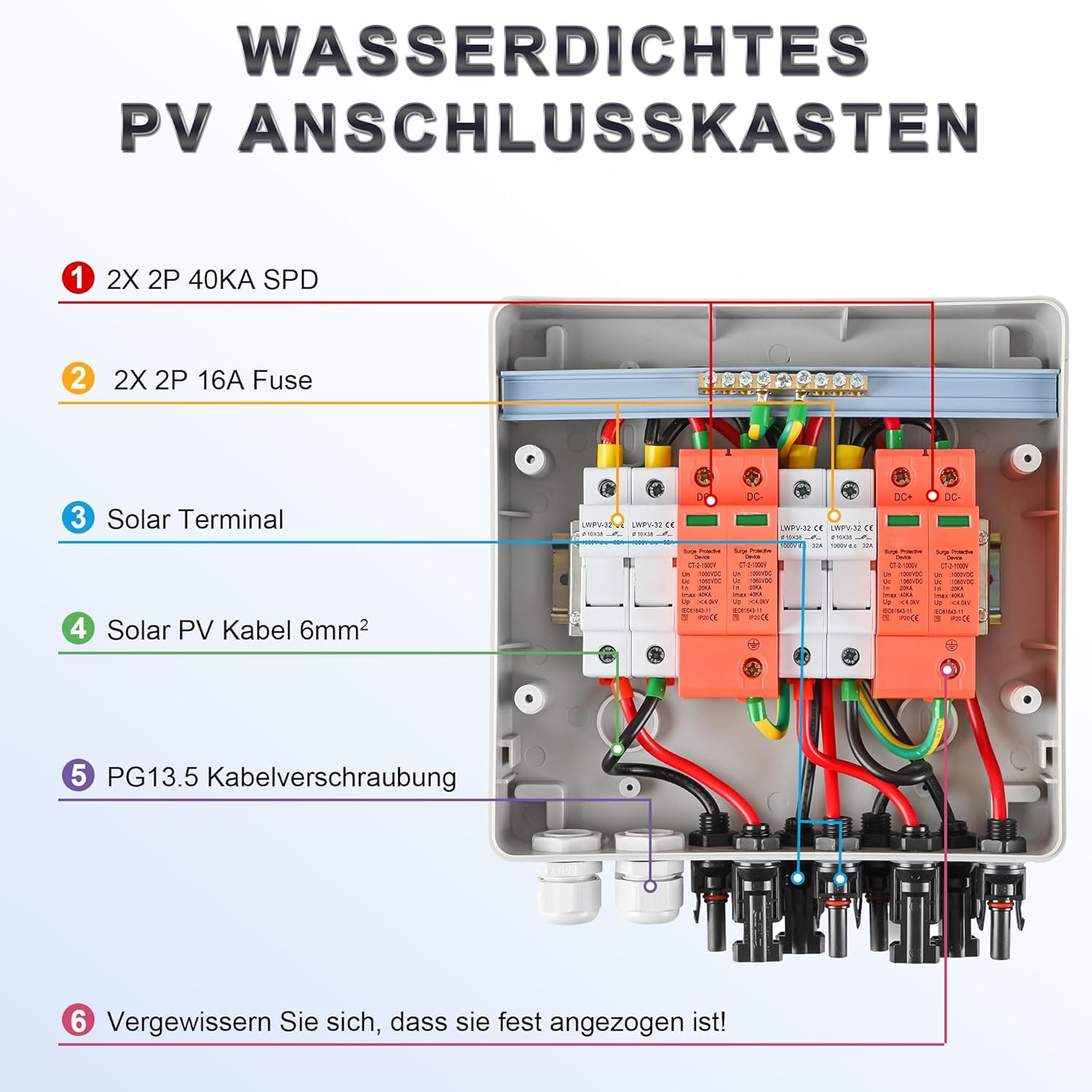 Überspannungsschutz PV DC1000V Blitzschutz PV Anlage 20-40KA, Solar Überspannungsschutz 2 String 8 Module mit 16A-Sicherung, IP65 Wasserdicht & UV-Beständig Solar Anschlusskasten 2 in 2 out