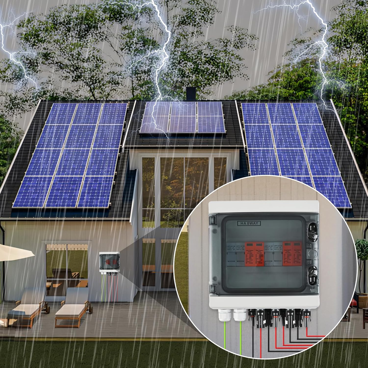 Überspannungsschutz PV DC1000V Blitzschutz PV Anlage 20-40KA, Solar Überspannungsschutz 2 String 8 Module mit 16A-Sicherung, IP65 Wasserdicht & UV-Beständig Solar Anschlusskasten 2 in 2 out