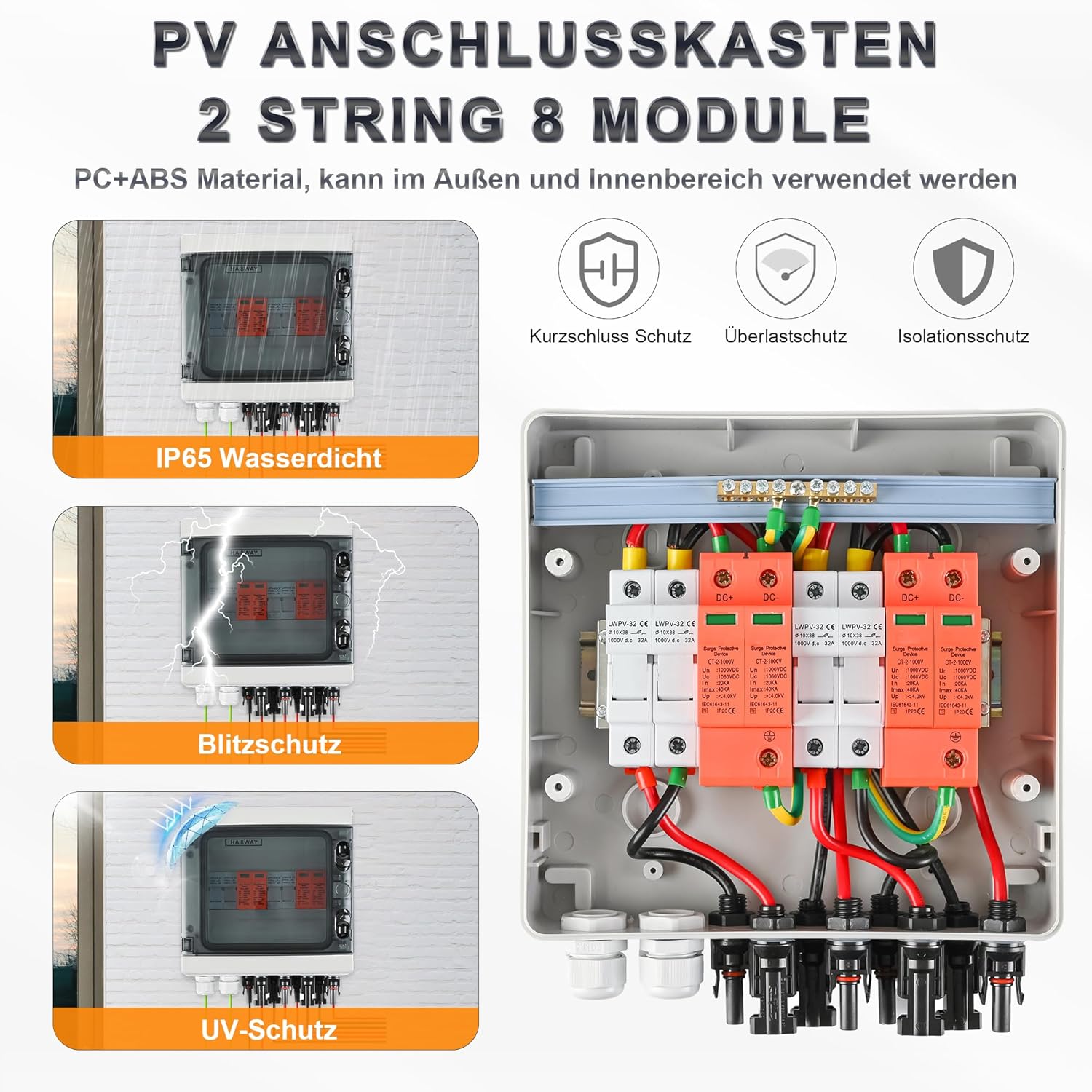 Überspannungsschutz PV DC1000V Blitzschutz PV Anlage 20-40KA, Solar Überspannungsschutz 2 String 8 Module mit 16A-Sicherung, IP65 Wasserdicht & UV-Beständig Solar Anschlusskasten 2 in 2 out