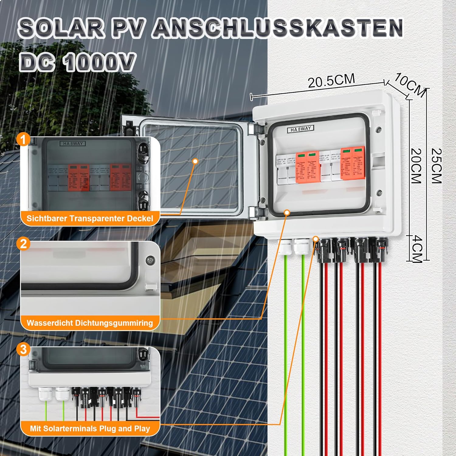 Überspannungsschutz PV DC1000V Blitzschutz PV Anlage 20-40KA, Solar Überspannungsschutz 2 String 8 Module mit 16A-Sicherung, IP65 Wasserdicht & UV-Beständig Solar Anschlusskasten 2 in 2 out