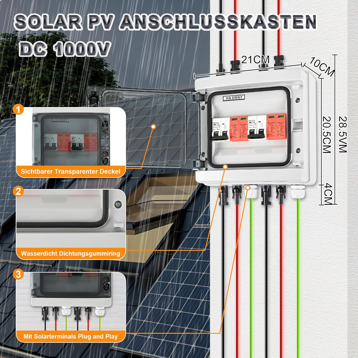 Überspannungsschutz PV DC1000V Blitzschutz Leitungsschutzschalter 32A DC Trennschalter PV Anlage 2 String, IP65 Wasserdicht & UV-Beständig Solar Anschlusskasten 2 in 2 out