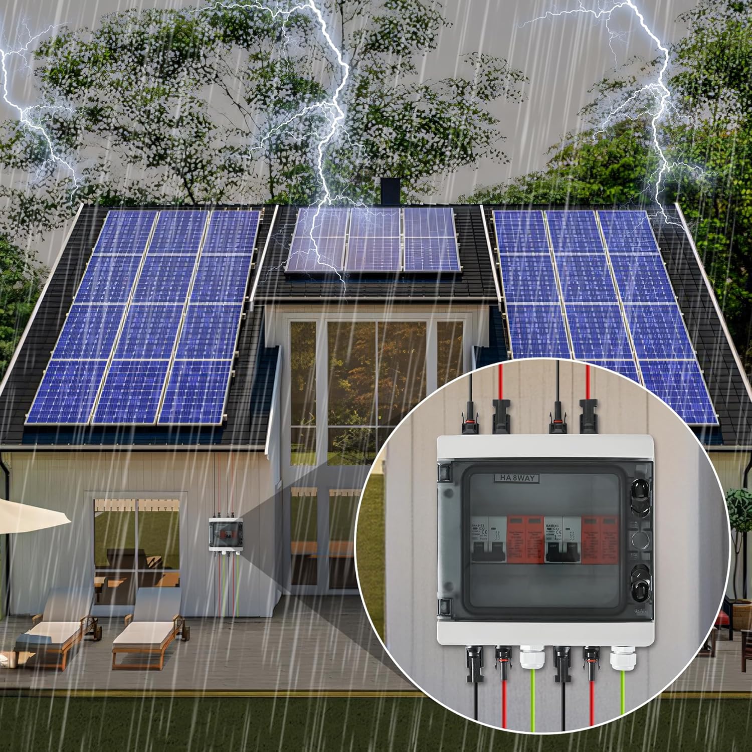 Überspannungsschutz PV DC1000V Blitzschutz Leitungsschutzschalter 32A DC Trennschalter PV Anlage 2 String, IP65 Wasserdicht & UV-Beständig Solar Anschlusskasten 2 in 2 out