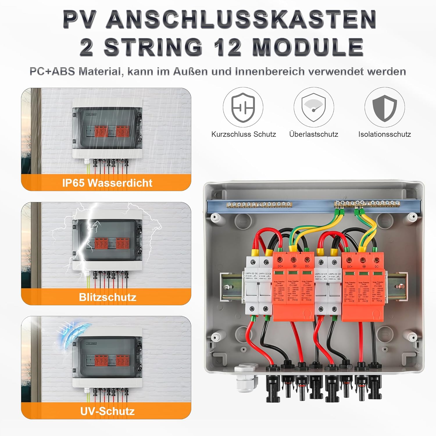 Überspannungsschutz PV DC1000V Blitzschutz PV Anlage 20-40KA, Solar Überspannungsschutz 2 String 12 Module mit 16-Sicherung, IP65 Wasserdicht & UV-Beständig Solar Anschlusskasten 2 in 2 out