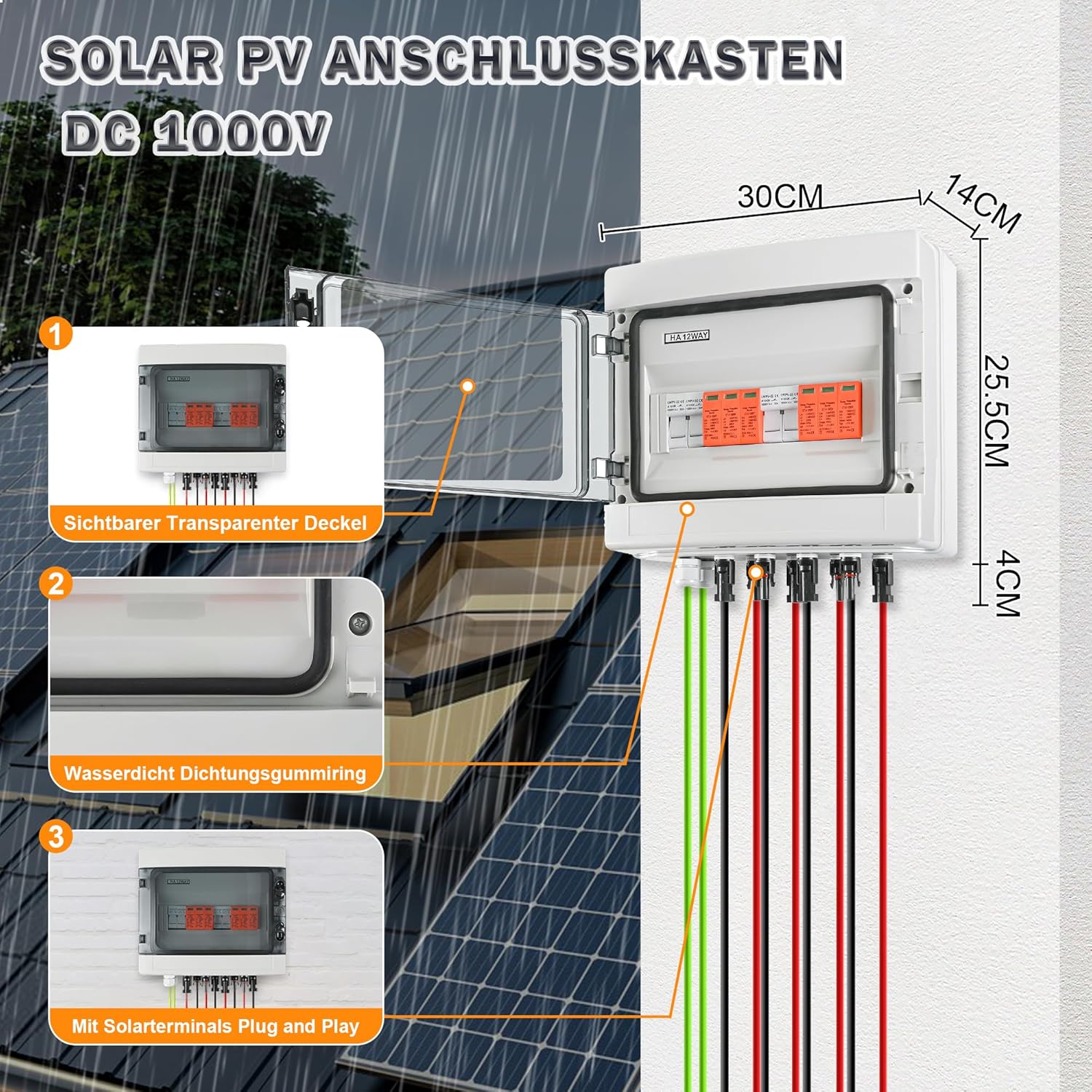 Überspannungsschutz PV DC1000V Blitzschutz PV Anlage 20-40KA, Solar Überspannungsschutz 2 String 12 Module mit 16-Sicherung, IP65 Wasserdicht & UV-Beständig Solar Anschlusskasten 2 in 2 out