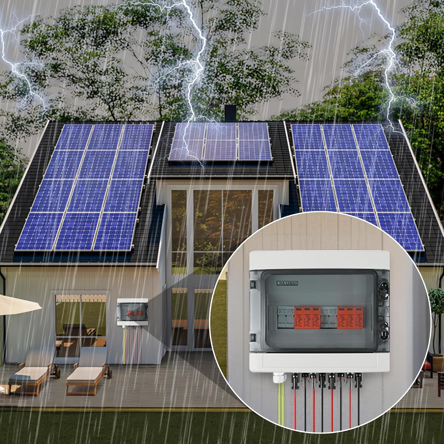 Überspannungsschutz PV DC1000V Blitzschutz PV Anlage 20-40KA, Solar Überspannungsschutz 2 String 12 Module mit 16-Sicherung, IP65 Wasserdicht & UV-Beständig Solar Anschlusskasten 2 in 2 out